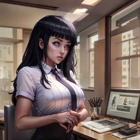 Hinata working in an office , masterpiece, great details, 6k , concerned , woman's black office suite , purplr tie long black ha...