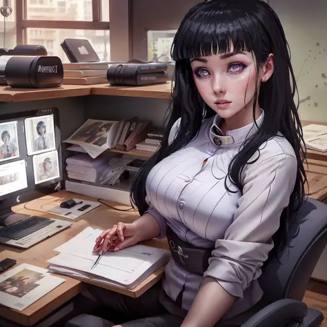 Hinata working in an office , masterpiece, great details, 6k , concerned , woman's black office suite , purplr tie long black ha...