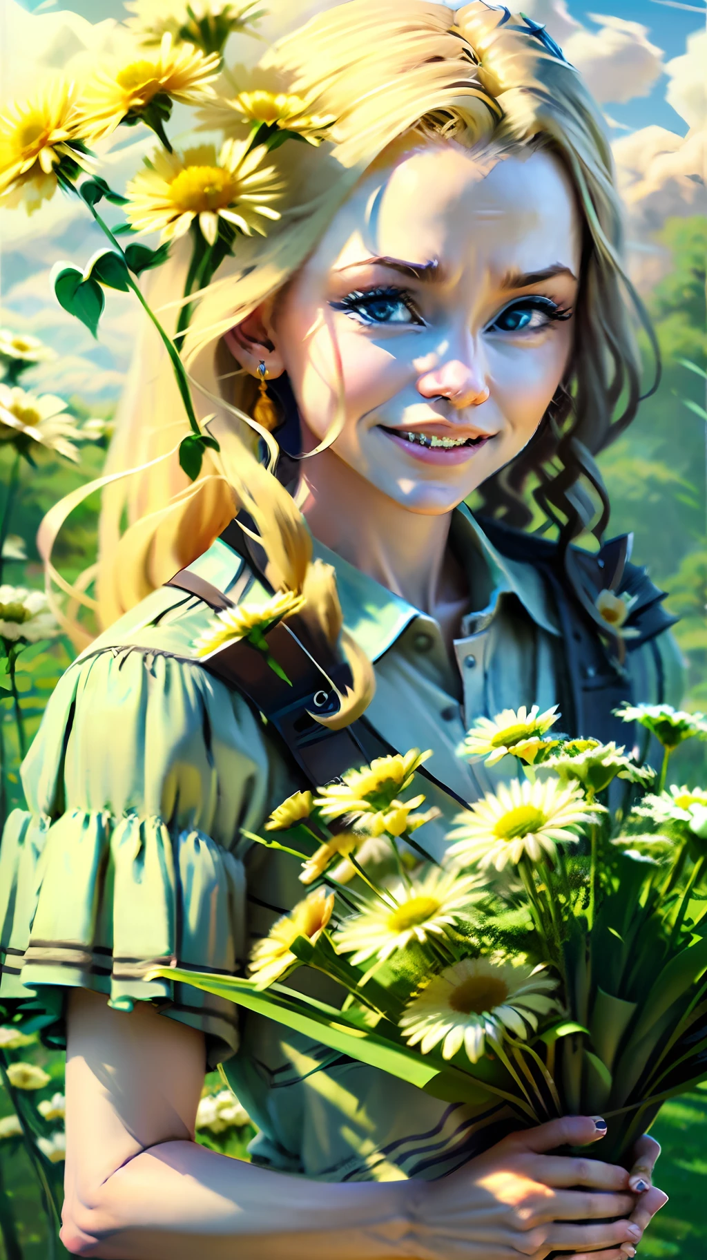 Summer. Sunny meadow with many flowers. A bully girl with his hand outstretched forward holds a bouquet of daisies. Smiling. Super Photorealistic, cinematic, Octane render, 8K, Blue sky background with white clouds --auto --s2