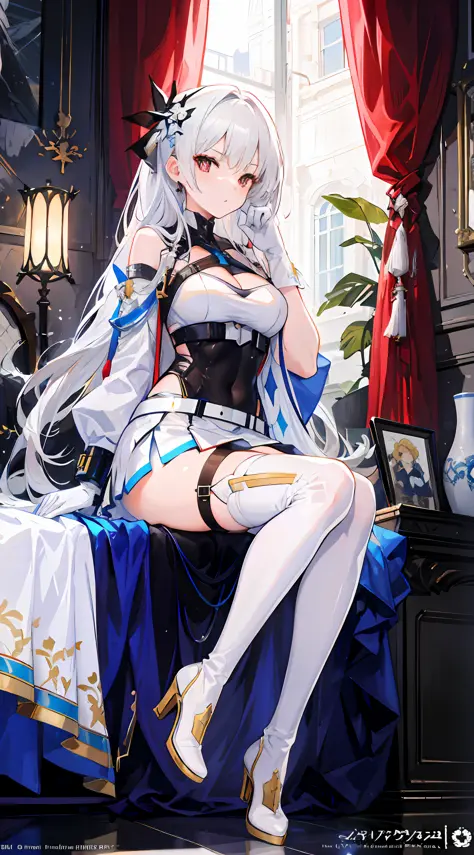 White long hair, red pupils, white suspender thigh boots, white long gloves, white over-elbow long gloves, white high-heeled thigh boots, white thigh boots, belt, leg loops, (binding), bondage, white dress, anime - style image of a woman sitting on bed in ...
