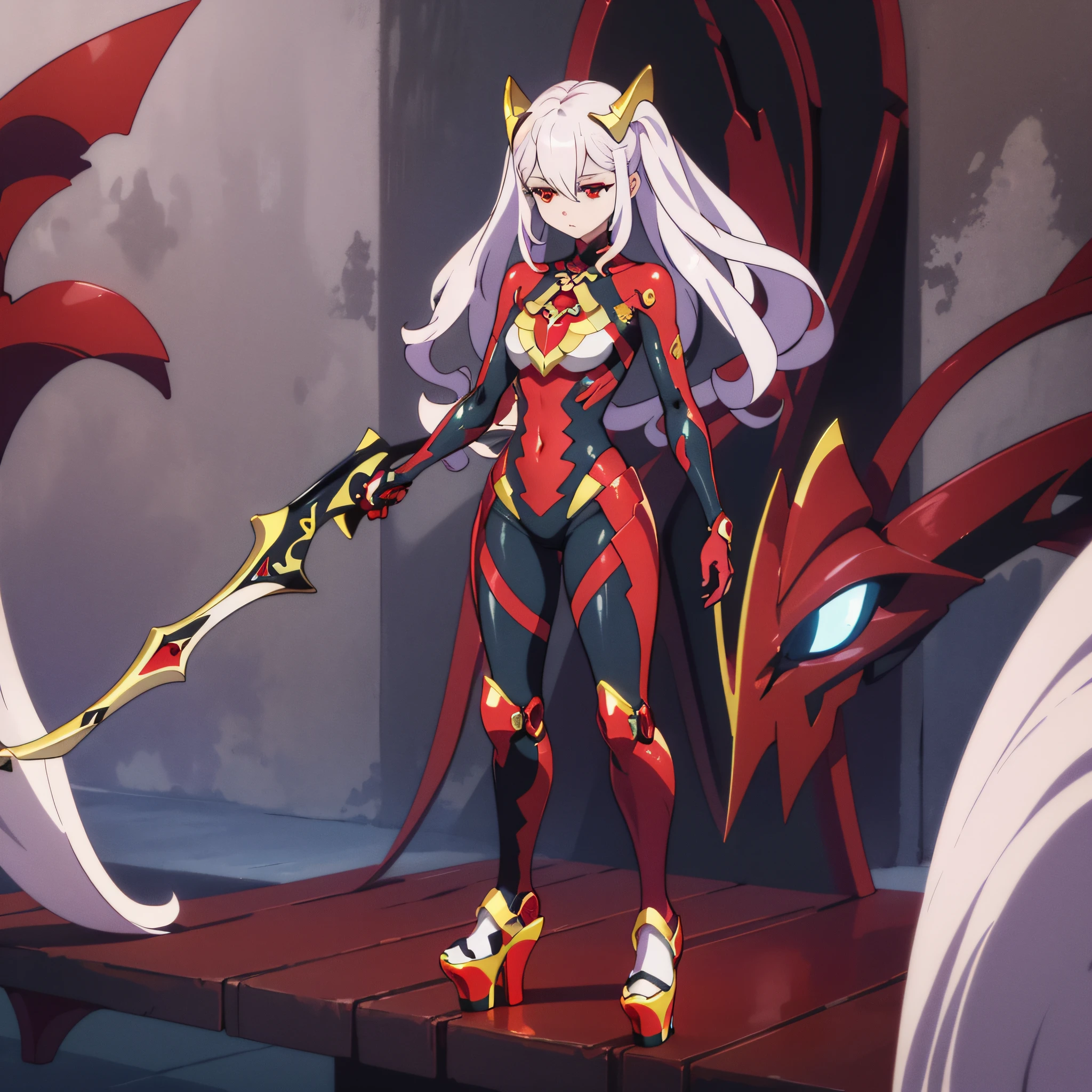 Laevatein, only 1girl, solo, complete body, silver hair, red eyes, (masterpieces, 8K, HDR, extremely delicate and beautiful, best quality: 1.2), perfect anatomy, good anatomy, robot body, latex, empty eyes, manequin pose, platform shoes.