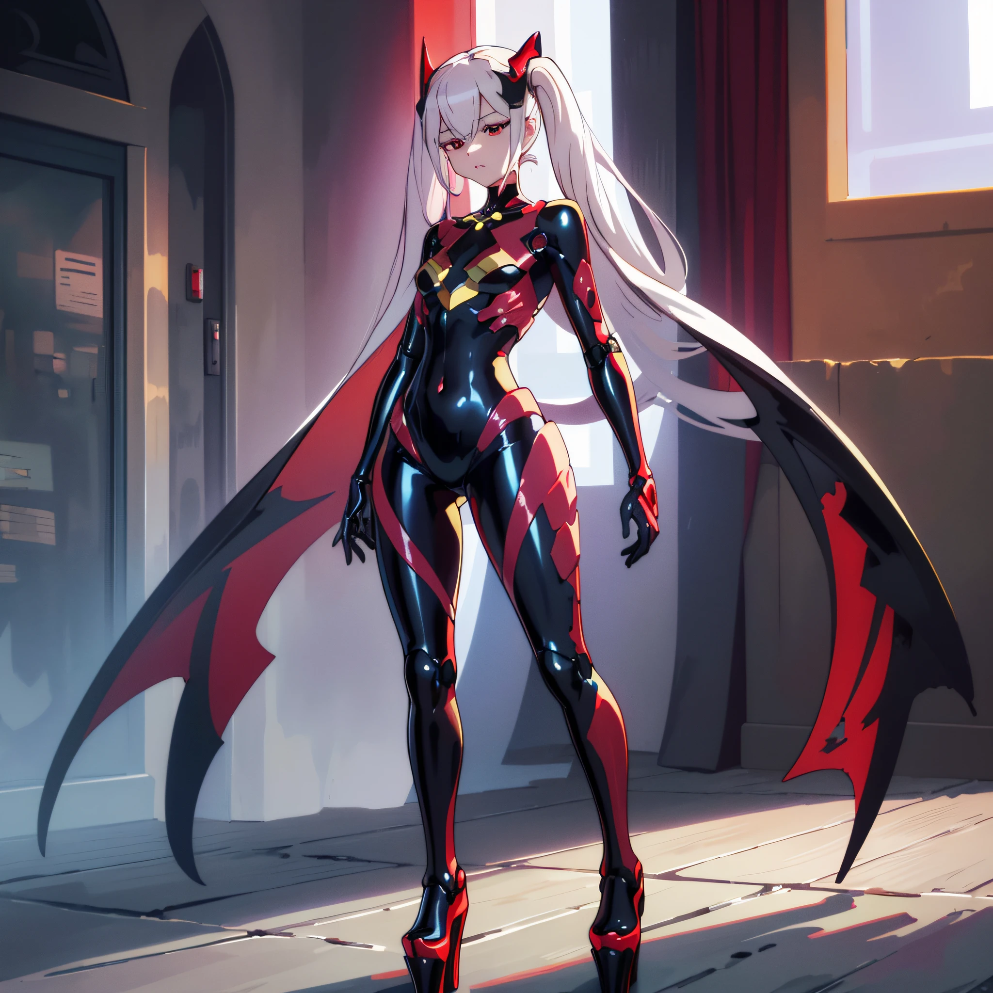 Laevatein, only 1girl, solo, complete body, silver hair, red eyes, (masterpieces, 8K, HDR, extremely delicate and beautiful, best quality: 1.2), perfect anatomy, good anatomy, robot body, latex, empty eyes, manequin pose, platform shoes.