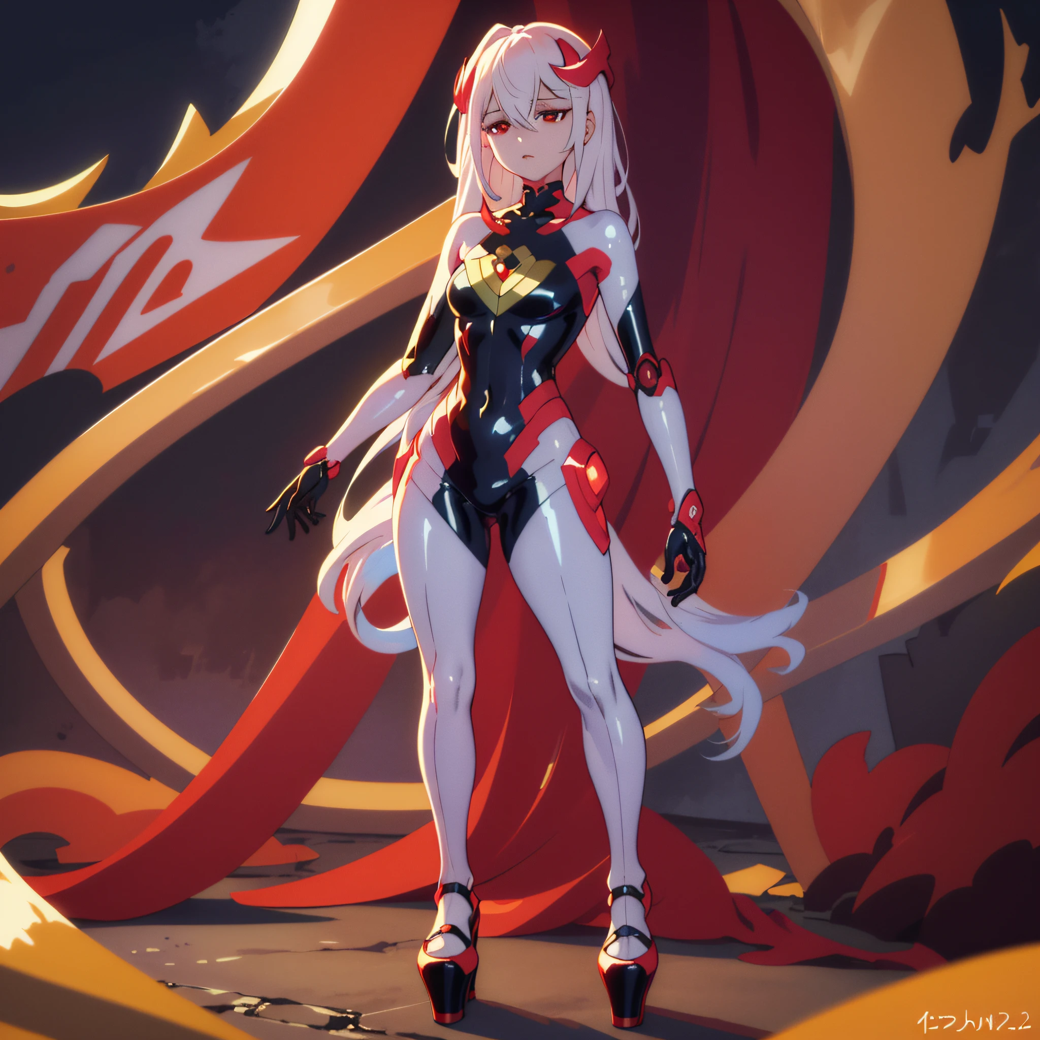 Laevatein, only 1girl, solo, complete body, silver hair, red eyes, (masterpieces, 8K, HDR, extremely delicate and beautiful, best quality: 1.2), perfect anatomy, good anatomy, robot body, latex, empty eyes, manequin pose, platform shoes.