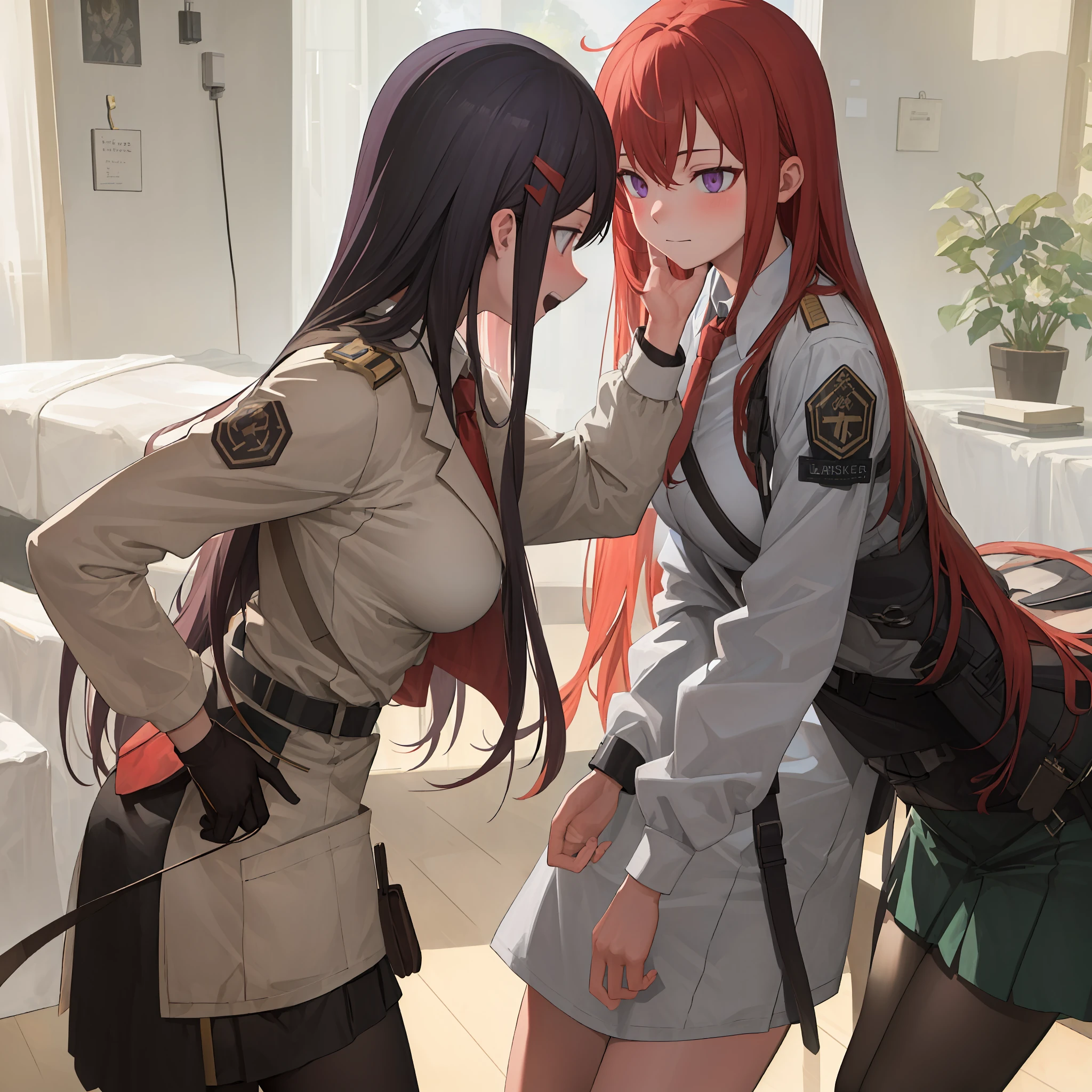 (lasterk:1.3), ((masterpiece,best quality,ultra detailed,8k)),brown_hair,collared_shirt,jacket,long_sleeves,makise_kurisu,standing,red_necktie,solo,1girl,white_shirt,perfect face,red_hair,purple_eyes,((blush)),upper body,(close_mouth)