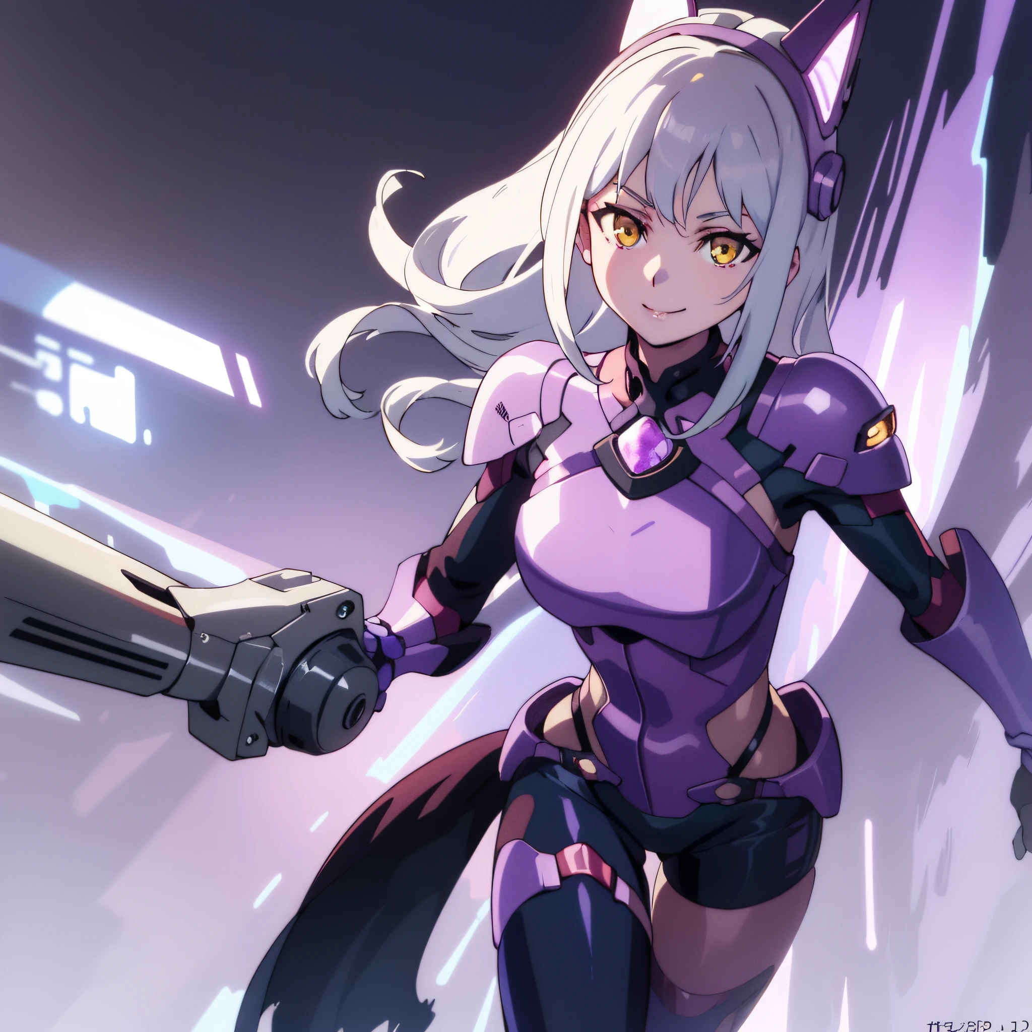 EvelynnAO, only 1girl, solo, complete body, silver hair, yellow eyes, (masterpieces, 8K, HDR, extremely delicate and beautiful, best quality: 1.2), perfect anatomy, good anatomy, lilac armor, futuristic city background, lilac helmet, legwears, running, sexy smile, plasma cannon.