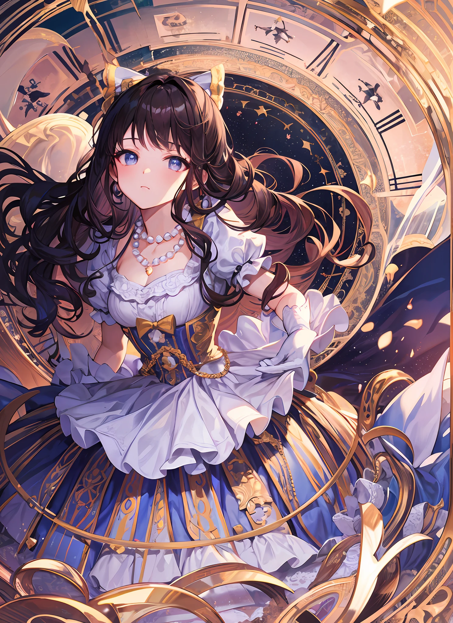 Super gorgeous, maximal, shiny, cinematic lighting, curls, roman curls, frills, misty, alice in wonderland, dramatic composition, extreme detail, high resolution, lolita dress, bow, pearl necklace, lace gloves, bow, ribbon, floating, levitating, fly, misty, starly, dreamy