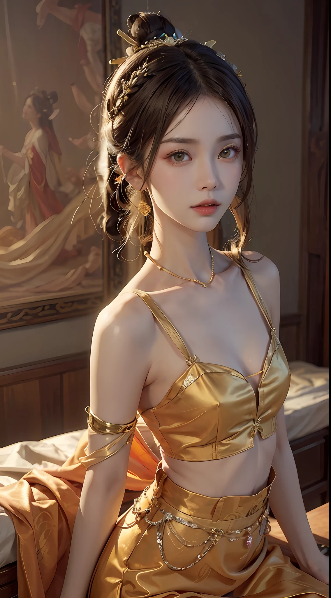 (RAW, Best Quality), Realistic, (Photorealistic Real: 1.3), Best Quality, High Detail, Masterpiece, Extremely detailed, Illustration, 1 25 year old goddess, upper body , Dynamic Angle, mess_long_hair, Best Quality, 8k Wallpaper, extremely detailed dunhuang uniform, Ink, Amazing, Cinematic Lighting, lens_flare, dunhuang_style dress, Sexy, Crop Top, Delicate Collarbone, Patterned Stockings, Gold Pattern all over her body, an ancient goddess, a hanfu-style silk ao dai, a silk dune costume, (dunhuang phi-tian style: 1.8) (fiction dunhuang landscape: 1.8), face beautiful and detailed makeup, thin black eyebrows, detailed eye makeup, big round yellow eyes, high nose, hair in a bun, jewelry on the head and neck, big and regular breasts, round hand on the wrist, jewelry on the goddess dune's shirt, small tattoo in the middle of the goddess dune,