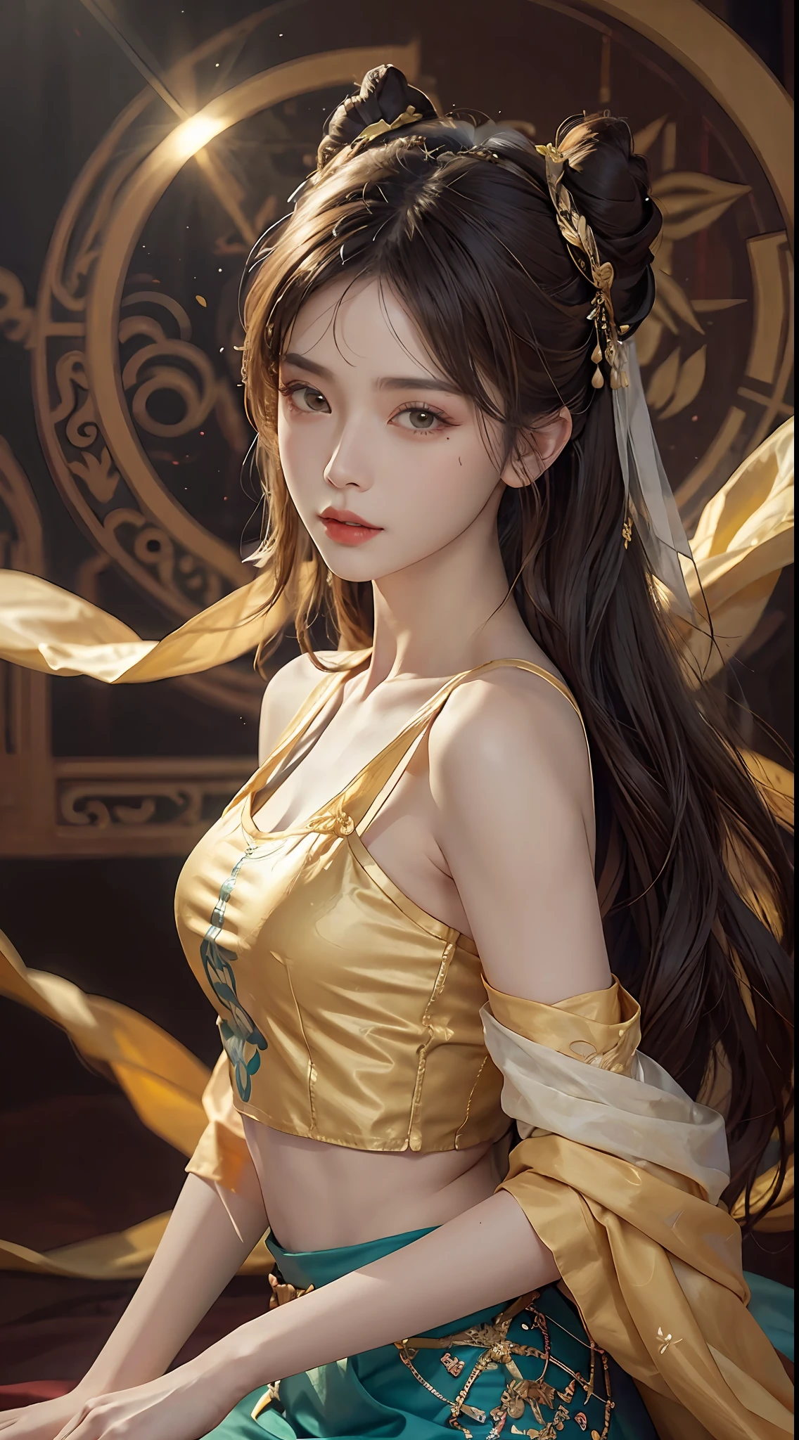 (RAW, Best Quality), Realistic, (Photorealistic Real: 1.3), Best Quality, High Detail, Masterpiece, Extremely detailed, Illustration, 1 2 goddess, upper body , Dynamic Angle, mess_long_hair, Best Quality, 8k Wallpaper, extremely detailed dunhuang uniform, Ink, Amazing, Cinematic Lighting, lens_flare, dunhuang_style dress, Sexy, Crop Top, Delicate Collarbone, Patterned Stockings, Gold Pattern all over her body, an ancient goddess, a hanfu-style silk ao dai, a silk dune costume, (dunhuang phi-tian style: 1.8) (fiction dunhuang landscape: 1.8), face beautiful and detailed makeup, thin black eyebrows, detailed eye makeup, big round yellow eyes, high nose, hair in a bun, jewelry on the head and neck, big and regular breasts, round hand on the wrist, jewelry on the goddess dune's shirt, small tattoo in the middle of the goddess dune,