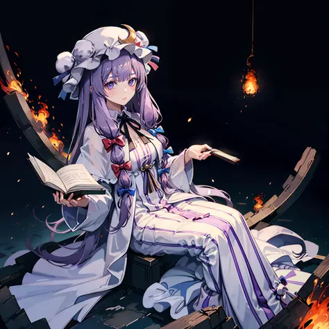 the girl is holding a book near a large cluster of fire in her hand, 1girl, patchouli knowledge, purple hair, book, solo, hat, p...