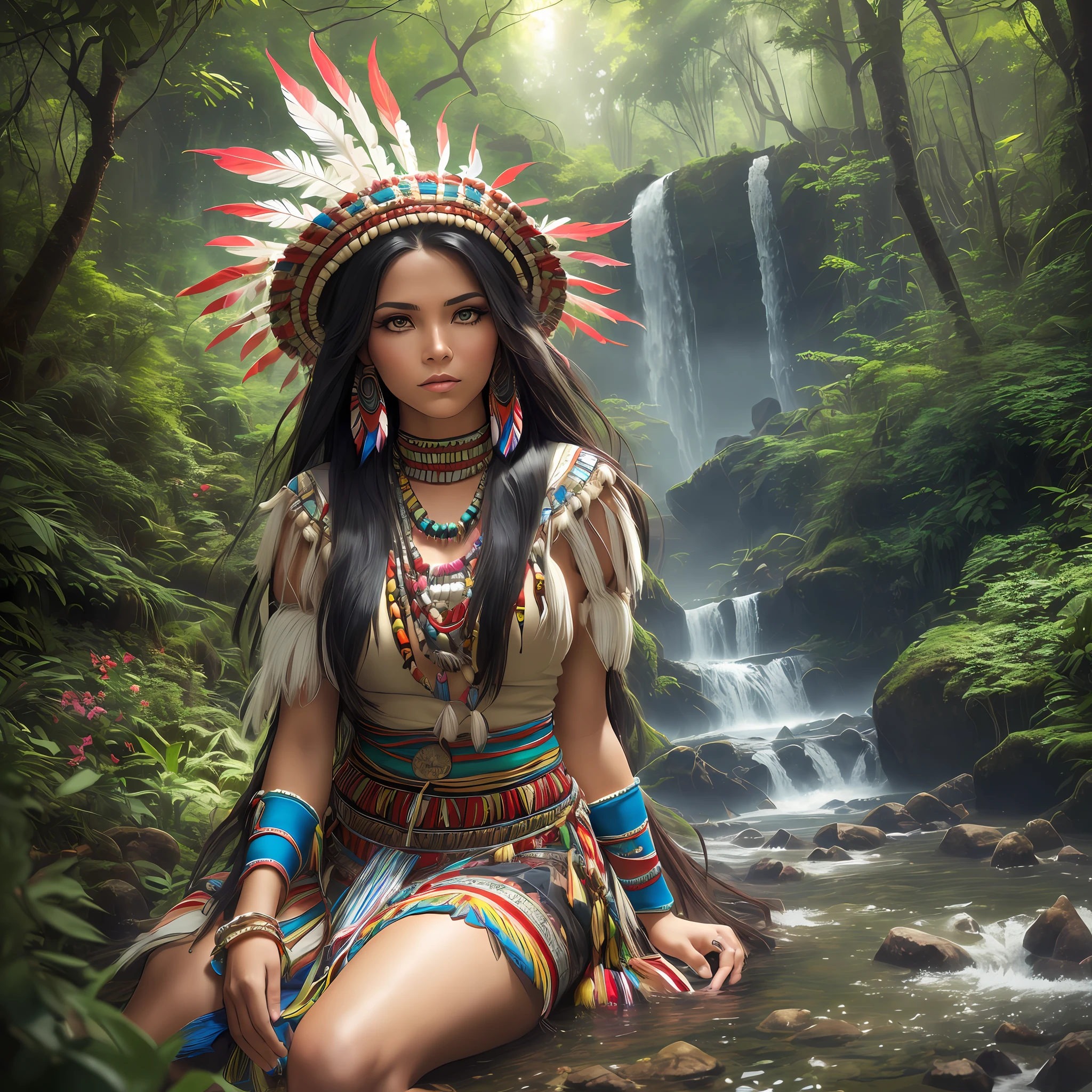 ((realistic: 1.5)),((best quality)), ((masterpiece)),((detailed)), (1girl: 1.3), solo, (((extremely detailed face))),(((extremely detailed eyes and face))), CHEROKEE skin, CHEROKEE face, beautiful detailed eyes, 8k unified wallpaper, super detailed, beautiful and aesthetic, beautiful, masterpiece, best quality, raw, masterpiece, super fine photo, best quality, super high resolution, photorealistic realism, sunlight,  full body portrait, amazing beauty, dynamic pose, delicate face, vibrant eyes, (from the front), (1 CHEROKEE woman in CHEROKEE costume long skirt with red blue white and pink not green colors, {a beautiful Inca woman dressed in traditional CHEROKEE dress CHEROKEE women's typical costume, super wide angle lens, facial focus, mature, sexy, toned muscles,  long legs, curves, barefoot, full CHEROKEE suit, thick thighs, wide hips, thin legs, dark eyes, perfect eyes, long black hair, floating hair, long eyelashes, (detailed face, beautiful eye, detailed pupils, detailed features of CHEROKEE clothing, light background: 1.3), mysterious ancient CHEROKEE ruin, lush forests, deep canyons, bridge, river, cliff, cloud, lakes, rock, waterfalls, flowers,  grass, fog, vine, tree, smoke, best shade, bright details, sharp, perfect composition, intricate, sharp focus, dramatic, (specular lighting: 1.3), edge light, inca landscape, fully dressed, COLORFUL CHEROKEE HEADDRESS