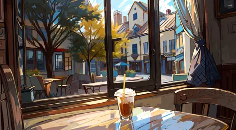 There is a table in front of the window with coffee on it, window. Next to it is a large window that looks through the window is...
