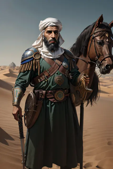 1 Muslim man, solo, photography, portrait of arabarmor man with group of army in dune, beard, shield, sword, realistic, absurdes...