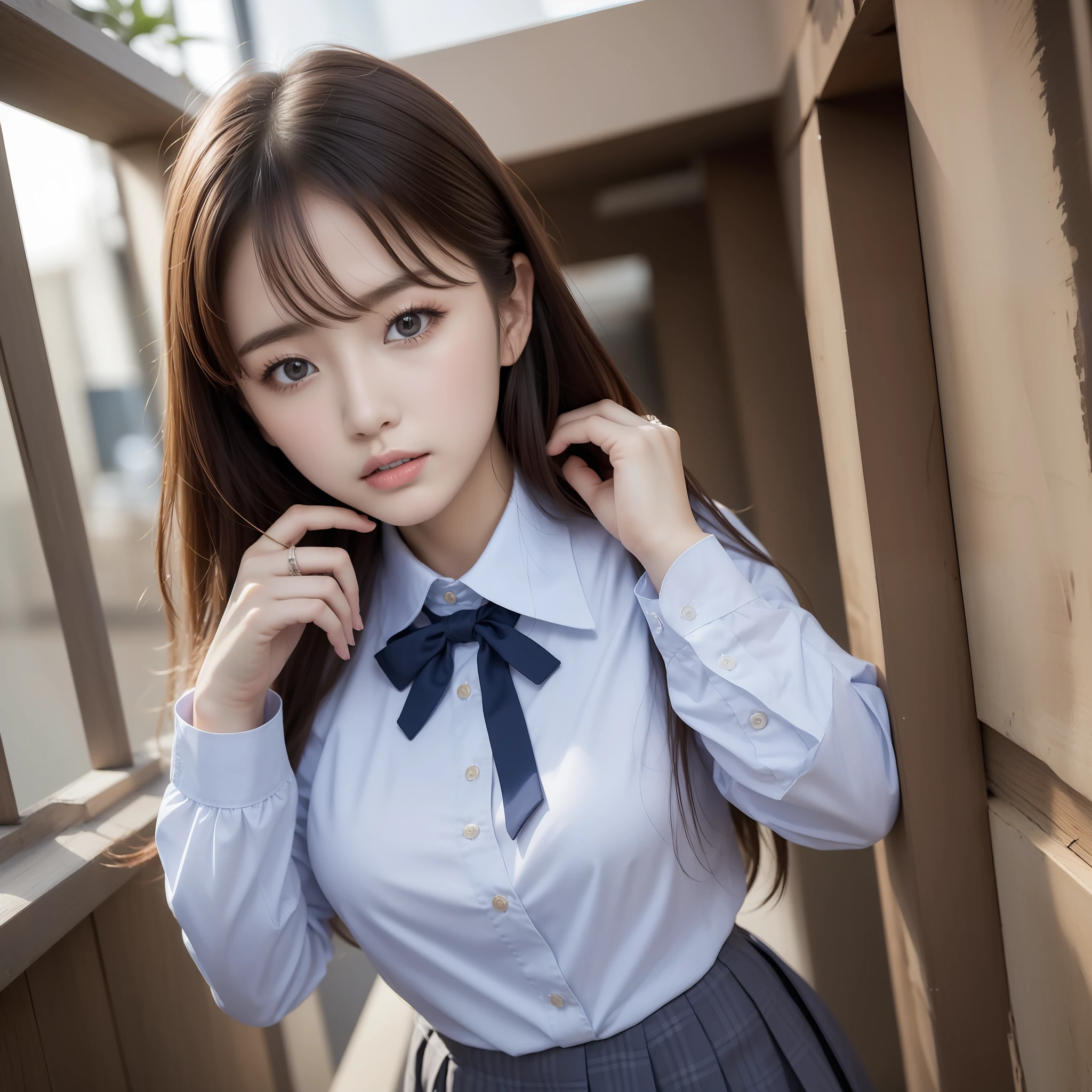 (Best quality, High resolution, Masterpiece :1.3), School uniform: 1.3, Korean Idol, Nogizaka Idol, Gravure Idol, Actress, fashion model posing