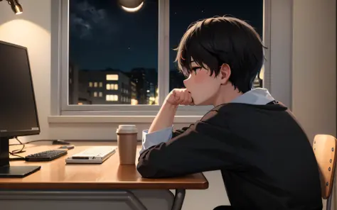 anime boy sitting at a desk with a computer and a cup of coffee, anime art wallpaper 8 k, 4k anime wallpaper, smooth anime cg ar...