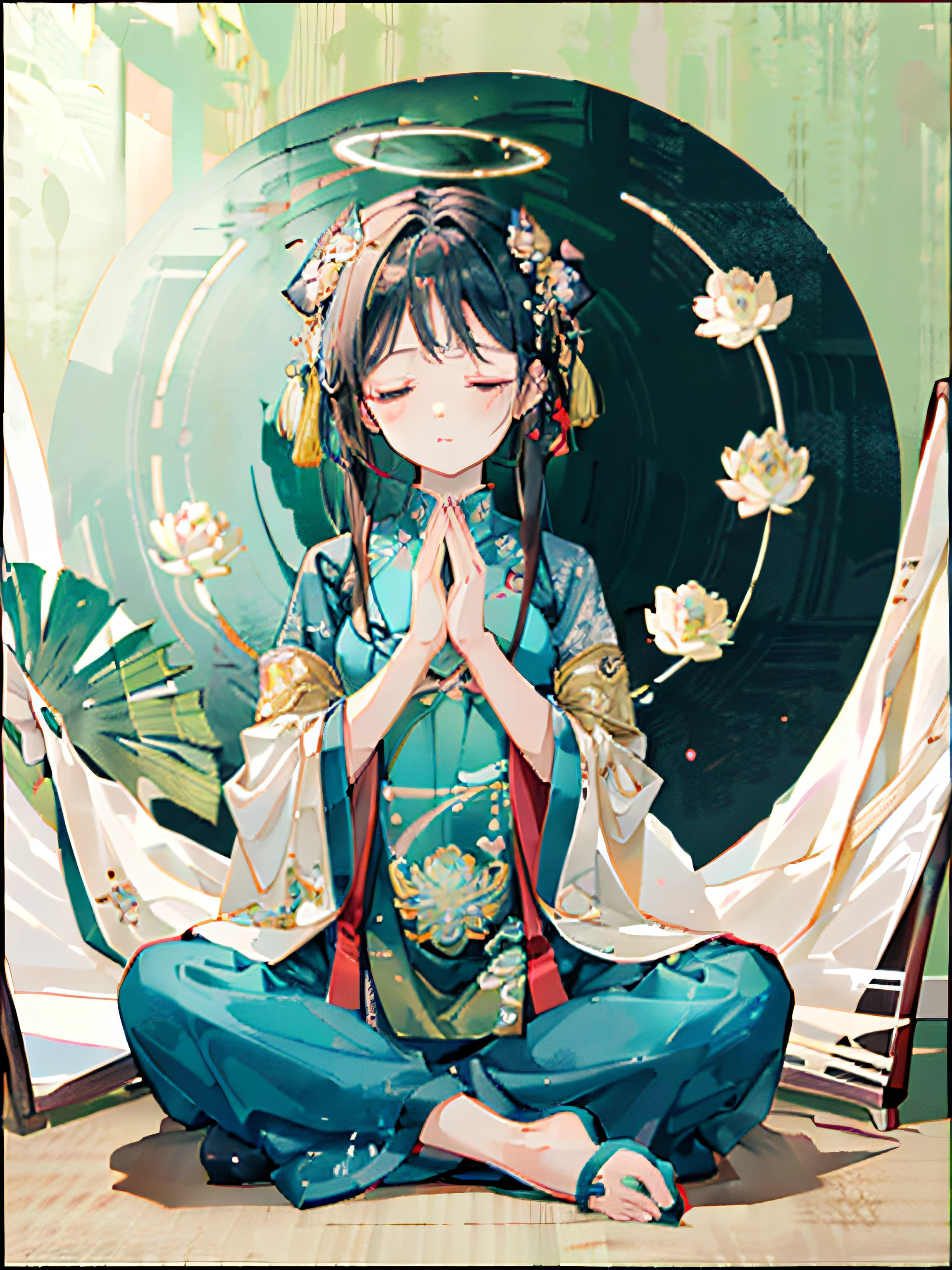 best quality, official art, beautiful and aesthetic:1.2), extreme detailed, a girl, 3 years old, Put her hands together, praying,  head down, Sit crosslegged, Meditate with your eyes closed, a lotus, dressed in chinese clothes, the painting style refers to qi baishi, xu beihong, God rays, Halo, Rim light, frontal forward, symmetrical composition, tang dynasty, charming characters, cute and dreamy