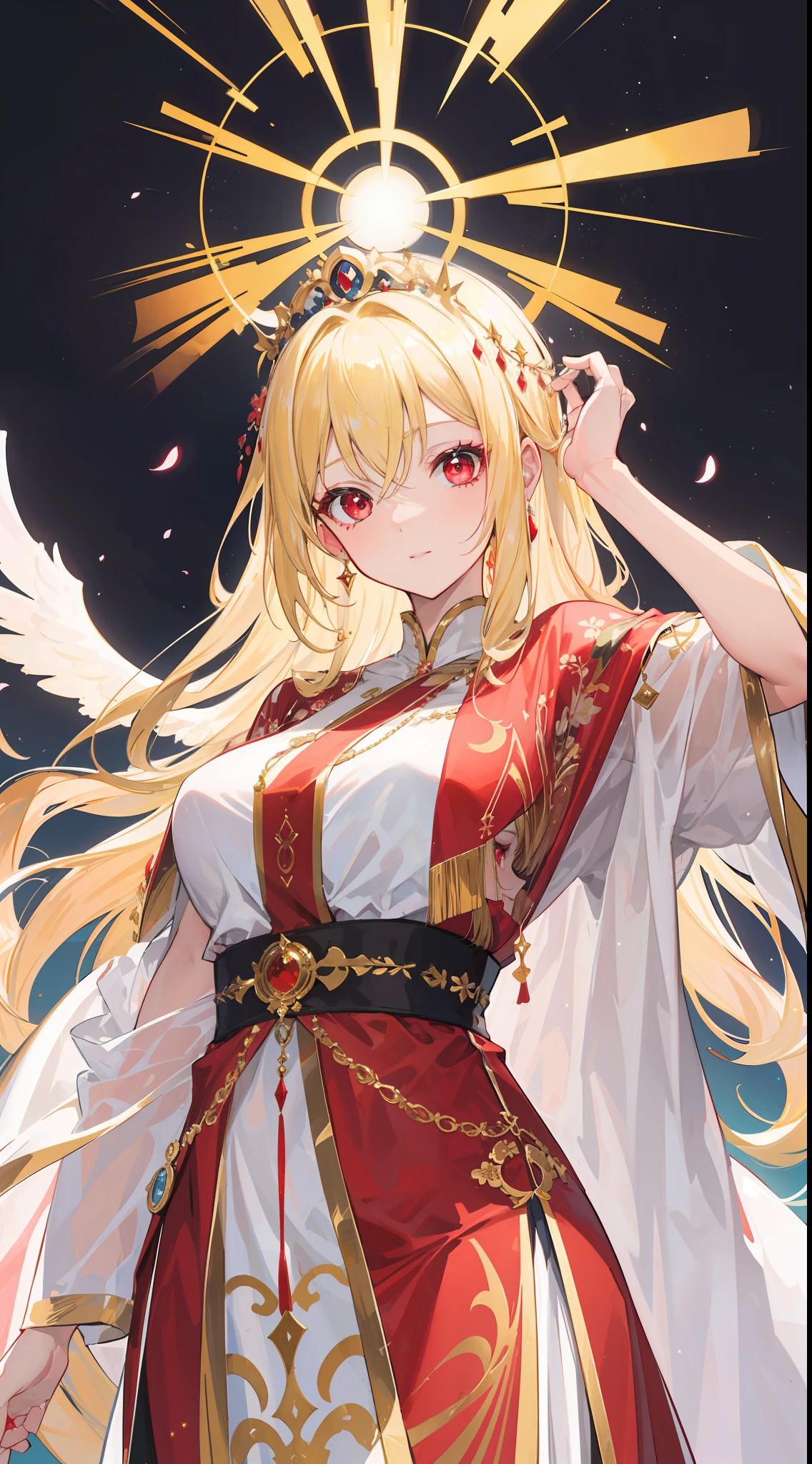 "Inside the holy palace, there is a radiant milf with flowing blonde hair and captivating red eyes. She is adorned in divine attire, exuding an ethereal aura with a golden halo above her head."