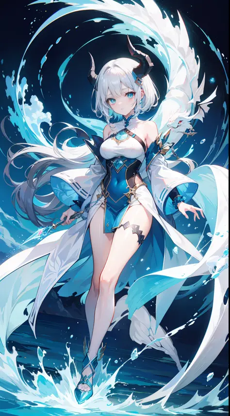 light blue sea background, dragon girl, white hair, light blue dragon horn, glowing light, light blue bubbles,
