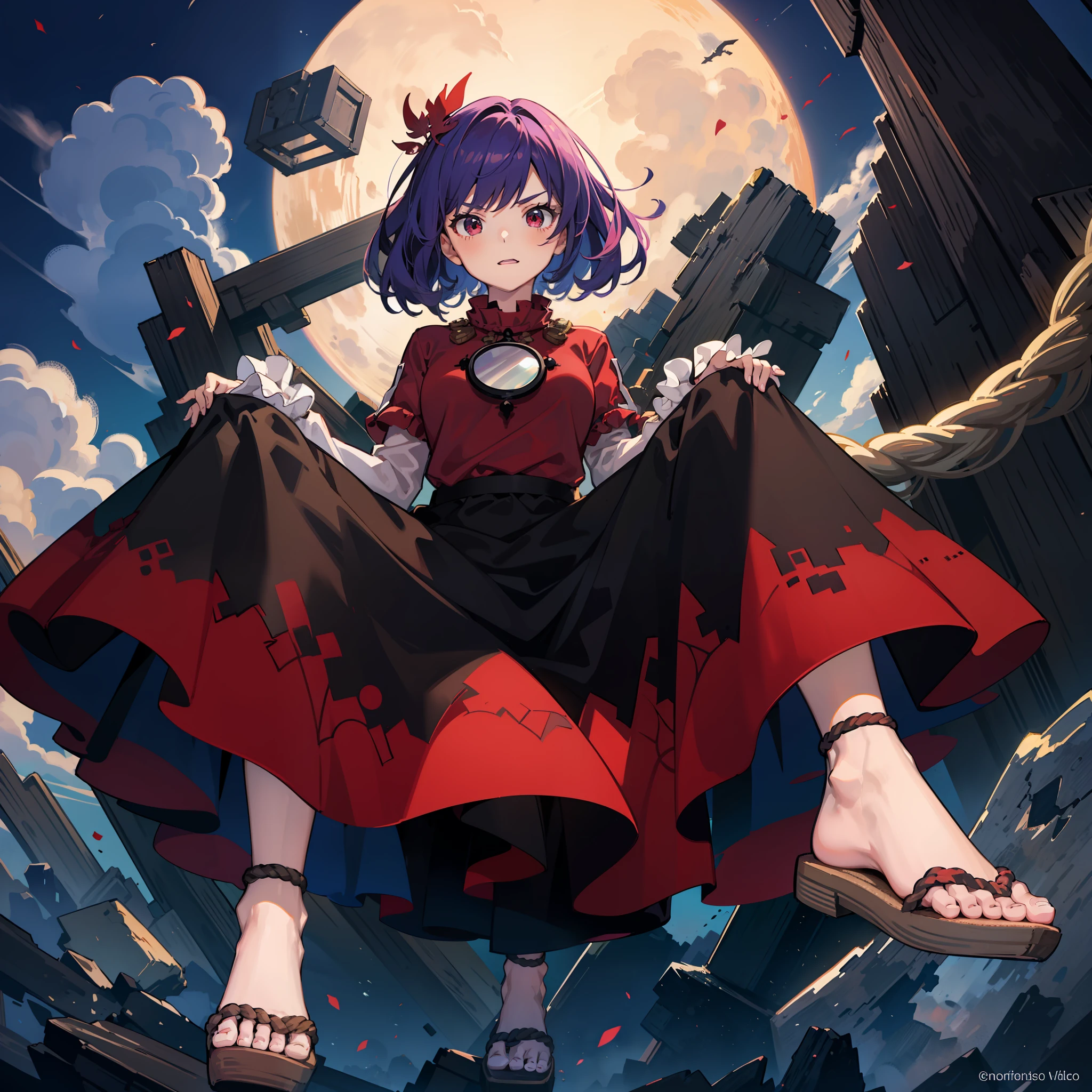 person the demon sealer manga, anime, demon, angel art, anime, fantasy characters, my hero academia, person, person, 1girl, yasaka kanako, solo, rope, sandals, red eyes, onbashira, red sky, mirror, purple hair, shimenawa, layered sleeves, leaf hair ornament, moon, short hair, red shirt, toes, long sleeves, looking at viewer, skirt