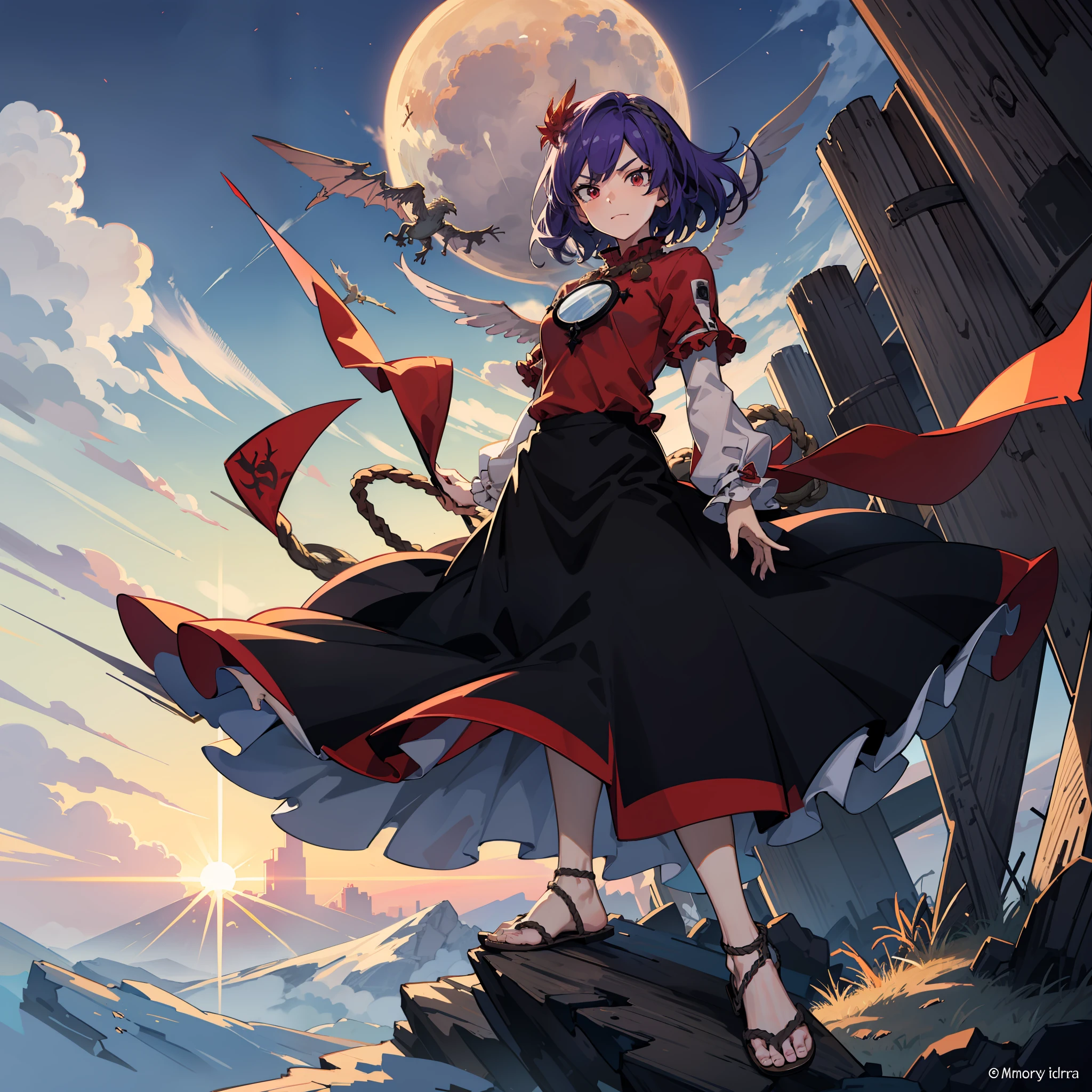 person the demon sealer manga, anime, demon, angel art, anime, fantasy characters, my hero academia, person, person, 1girl, yasaka kanako, solo, rope, sandals, red eyes, onbashira, red sky, mirror, purple hair, shimenawa, layered sleeves, leaf hair ornament, moon, short hair, red shirt, toes, long sleeves, looking at viewer, skirt