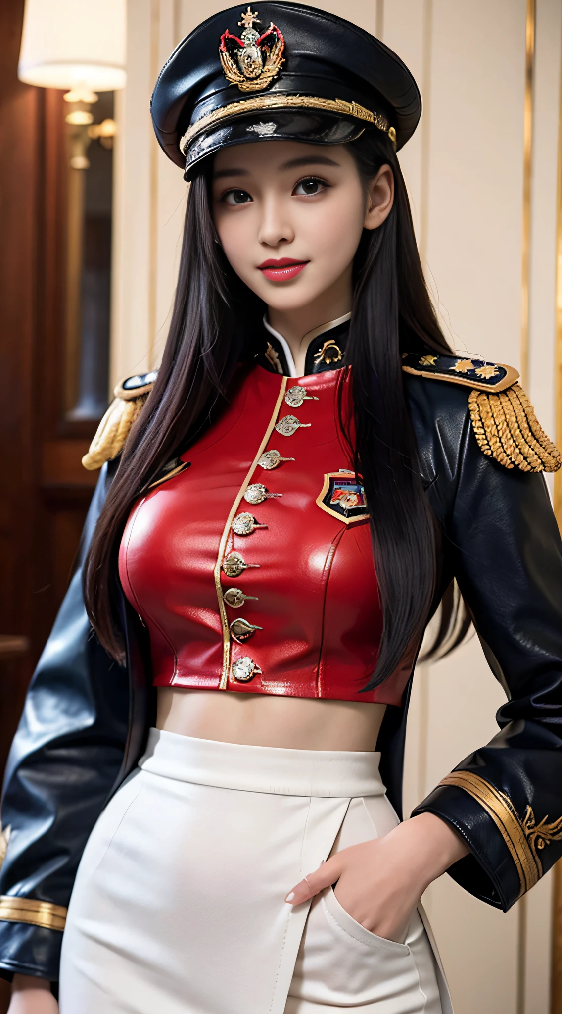 "Top CG, highest quality, smile, delicate and delicate beautiful girl, imperial pope, {{185cm big beauty}}, (tall), royal sister, military lady temperament, holy pope, fair skin, exposed chest, long legs, perfect facial features, bright eyes, officer hat, red lips, beautiful and cold, {{big breasts}}, beautiful and handsome, long blue hair, officer epaulettes, see-through visible skin, {{girl in red army coat}}, super detailed, { Blue lines on clothes}, delicate glowing eyes, crop top, white and blue leather clothing, tight leather clothing, 4K picture quality, urban beauty, modern urban, realistic portrait,