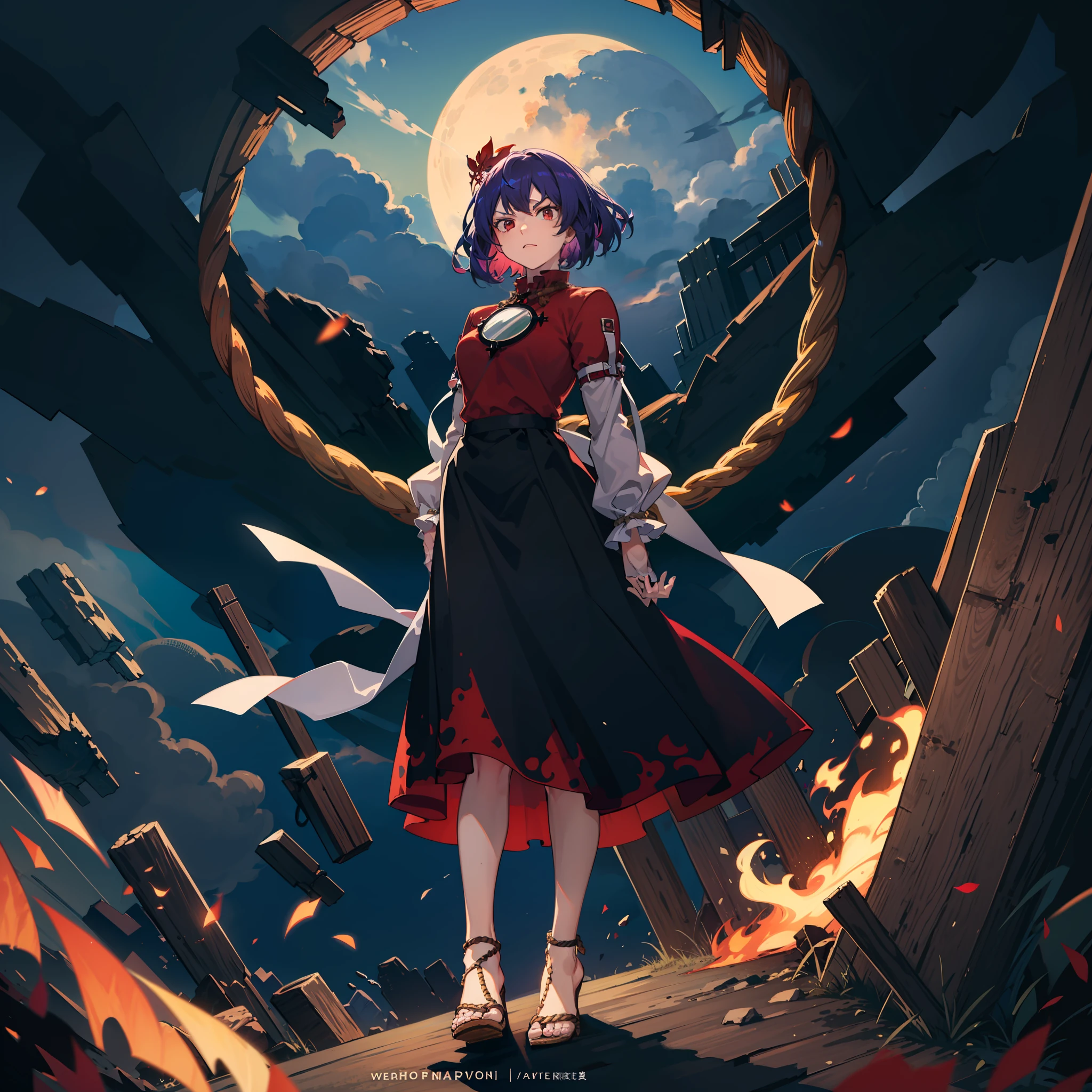 person the demon sealer manga, anime, demon, angel art, anime, fantasy characters, my hero academia, person, person, 1girl, yasaka kanako, solo, rope, sandals, red eyes, onbashira, red sky, mirror, purple hair, shimenawa, layered sleeves, leaf hair ornament, moon, short hair, red shirt, toes, long sleeves, looking at viewer, skirt