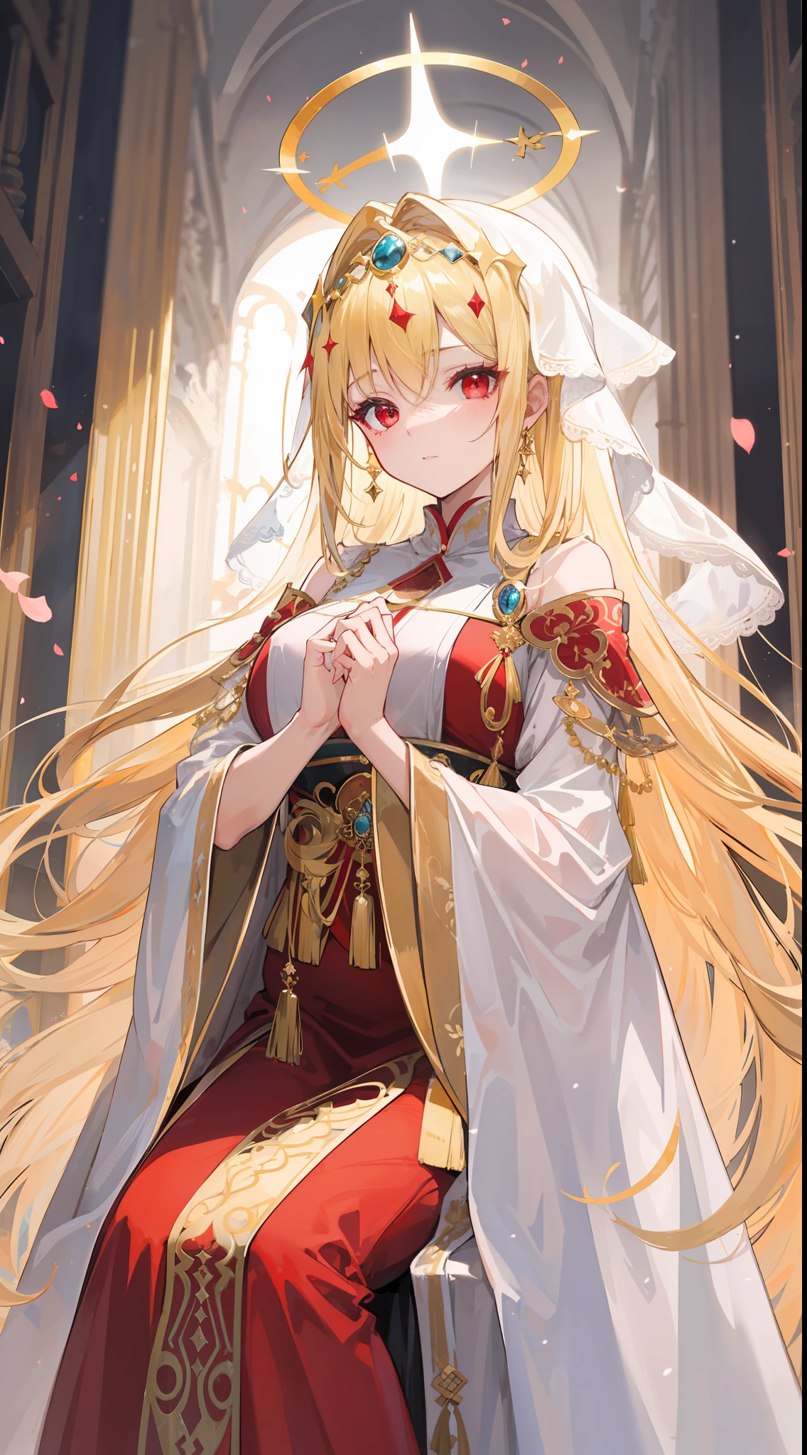 "Inside the holy palace, there is a radiant milf with flowing blonde hair and captivating sharp red eyes. She is adorned in divine attire, exuding an ethereal aura with a golden halo above her head."