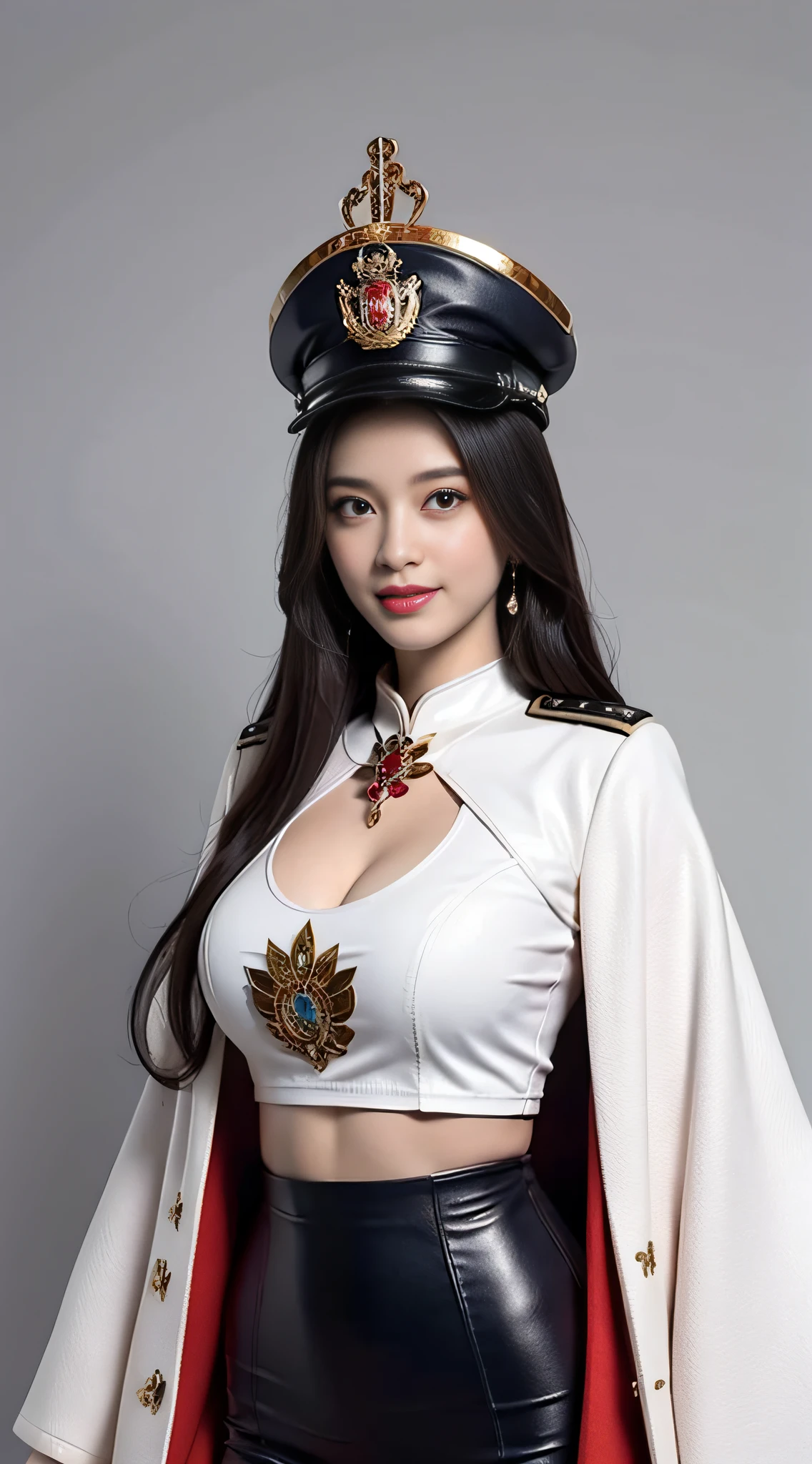 "Top CG, highest quality, smile, delicate and delicate beautiful girl, imperial pope, {{185cm big beauty}}, (tall), royal sister, military lady temperament, holy pope, fair skin, exposed chest, long legs, perfect facial features, bright eyes, officer hat, red lips, beautiful and cold, {{big breasts}}, beautiful and handsome, long blue hair, officer epaulettes, see-through visible skin, {{girl in red army coat}}, super detailed, { Blue lines on clothes}, delicate glowing eyes, crop top, white and blue leather clothing, tight leather clothing, 4K picture quality, urban beauty, modern urban, realistic portrait,