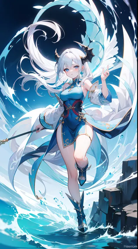 Light blue sea background, dragon girl, white hair, light blue dragon horn, glowing light, light blue bubbles