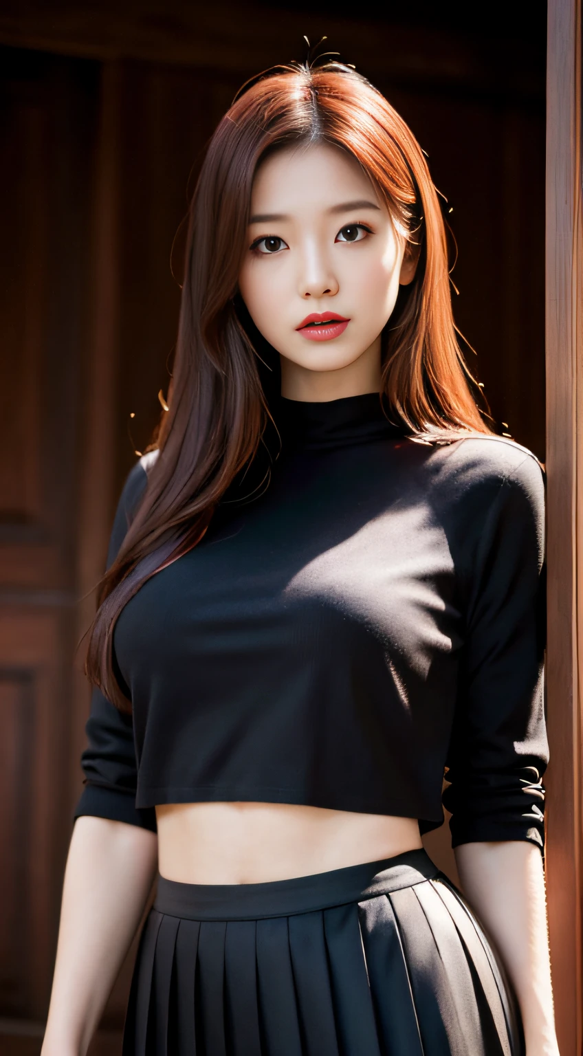 Japanese actress, Emily Suzuwara, masterpiece, light makeup, red lips, red hair, messy long hair, pure background, beautiful, elegant. Ultra-fine details, masterpieces, realistic textures, realistic cinematic lighting, perfect work, 8k, HD, delicate facial features, black shirt, black hip skirt and delicate curves