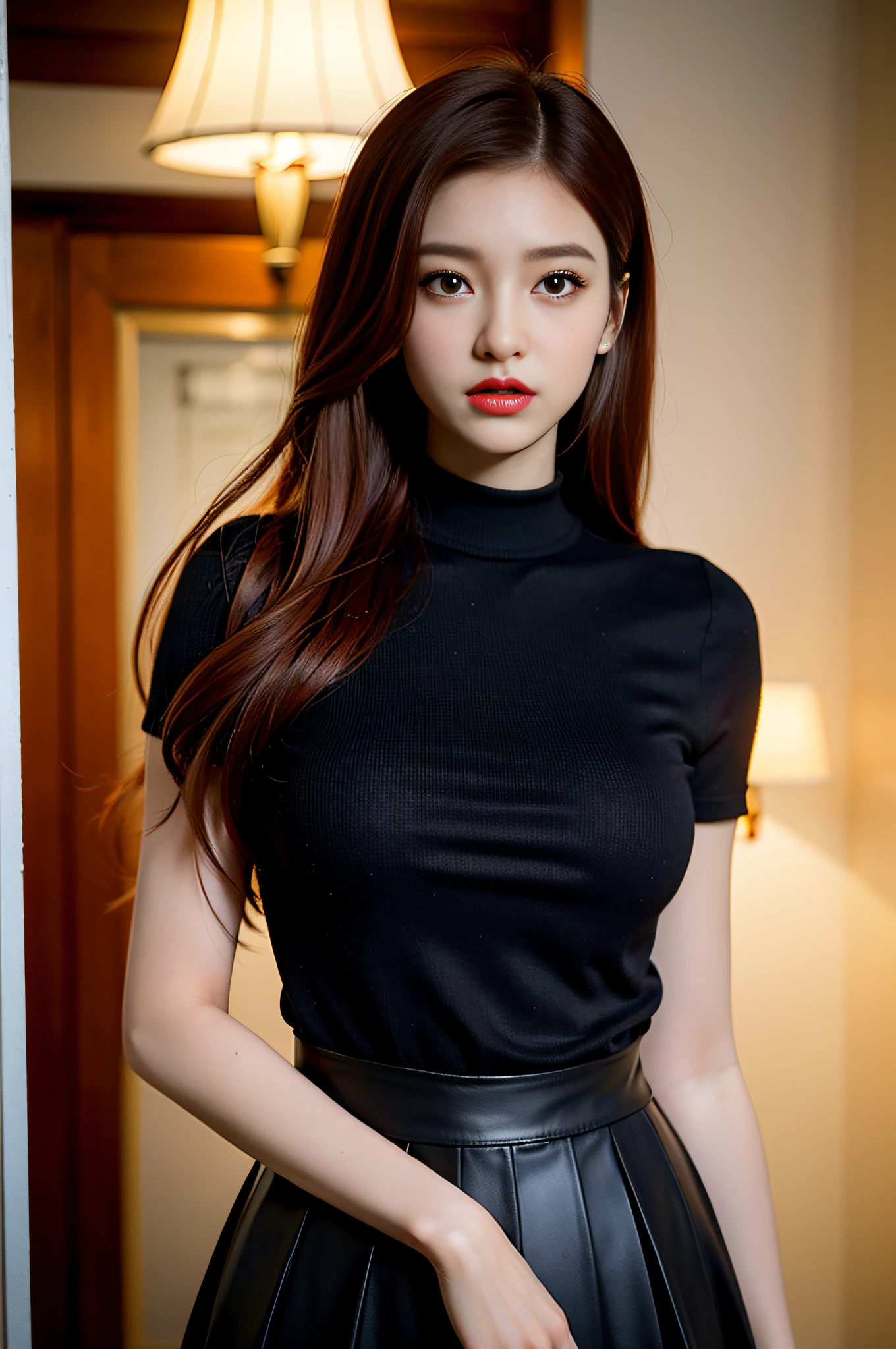 Bishōjo college student, masterpiece, light makeup, red lips, red hair, messy long hair, pure background, beautiful, elegant. Ultra fine details, masterpieces, realistic texture, cinematic lighting realism, perfect work, 8k, high-definition, exquisite facial features, black shirt, black buttocks skirt, and exquisite curves