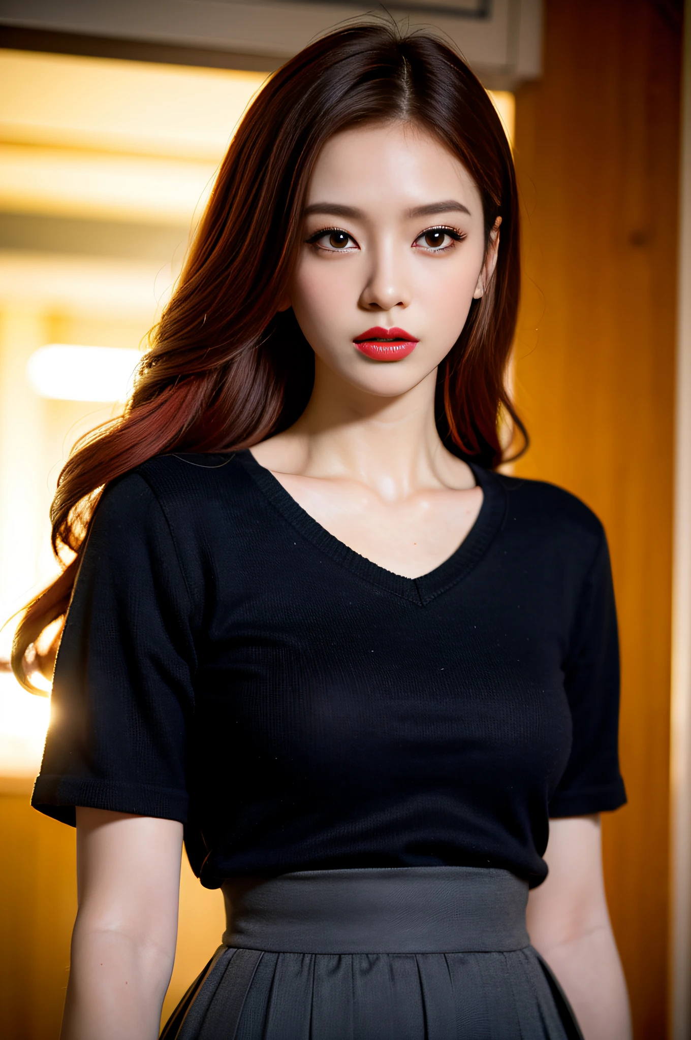 Bishōjo college student, masterpiece, light makeup, red lips, red hair, messy long hair, pure background, beautiful, elegant. Ultra fine details, masterpieces, realistic texture, cinematic lighting realism, perfect work, 8k, high-definition, exquisite facial features, black shirt, black buttocks skirt, and exquisite curves