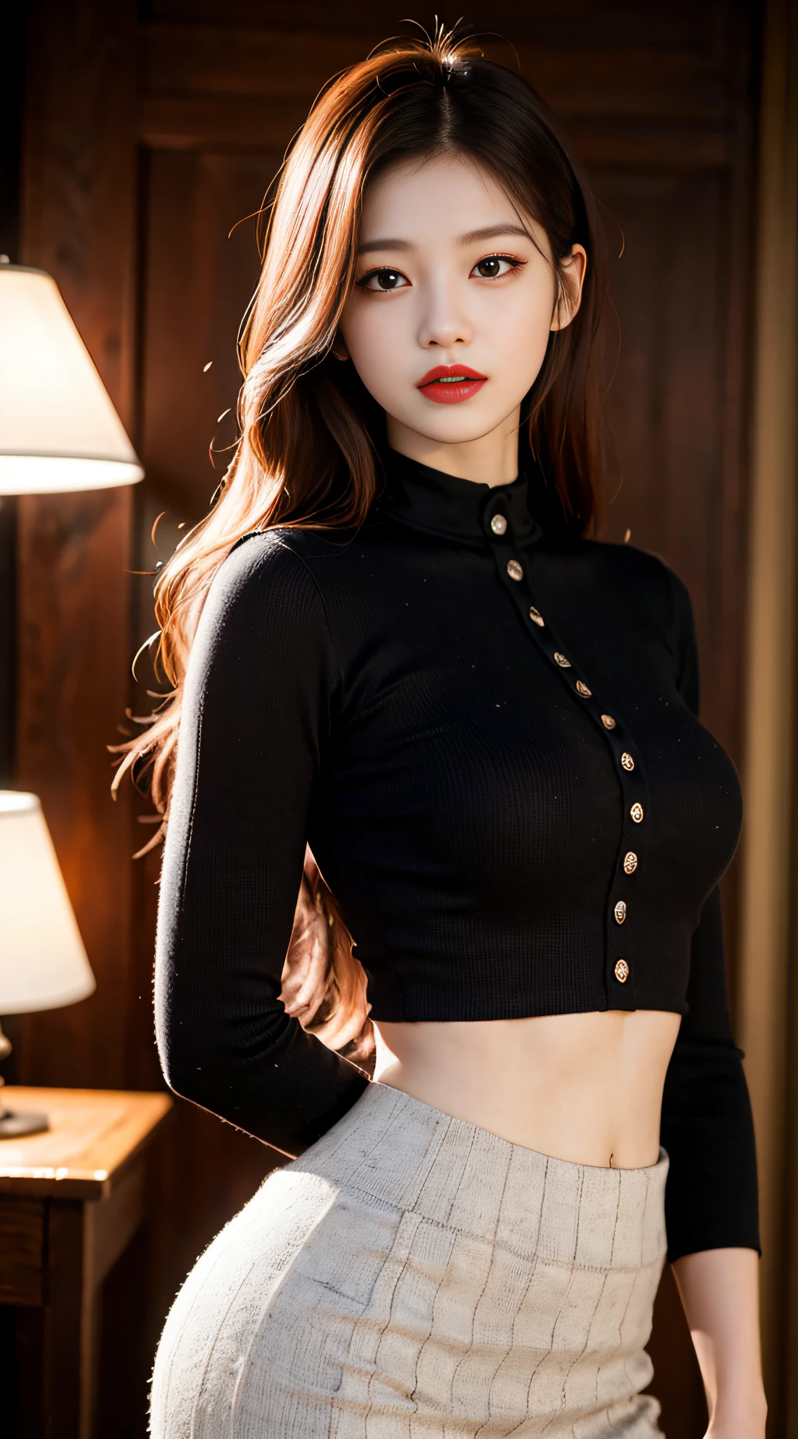 Bishōjo college student, masterpiece, light makeup, red lips, red hair, messy long hair, pure background, beautiful, elegant. Ultra fine details, masterpieces, realistic texture, cinematic lighting realism, perfect work, 8k, high-definition, exquisite facial features, black shirt, black buttocks skirt, and exquisite curves