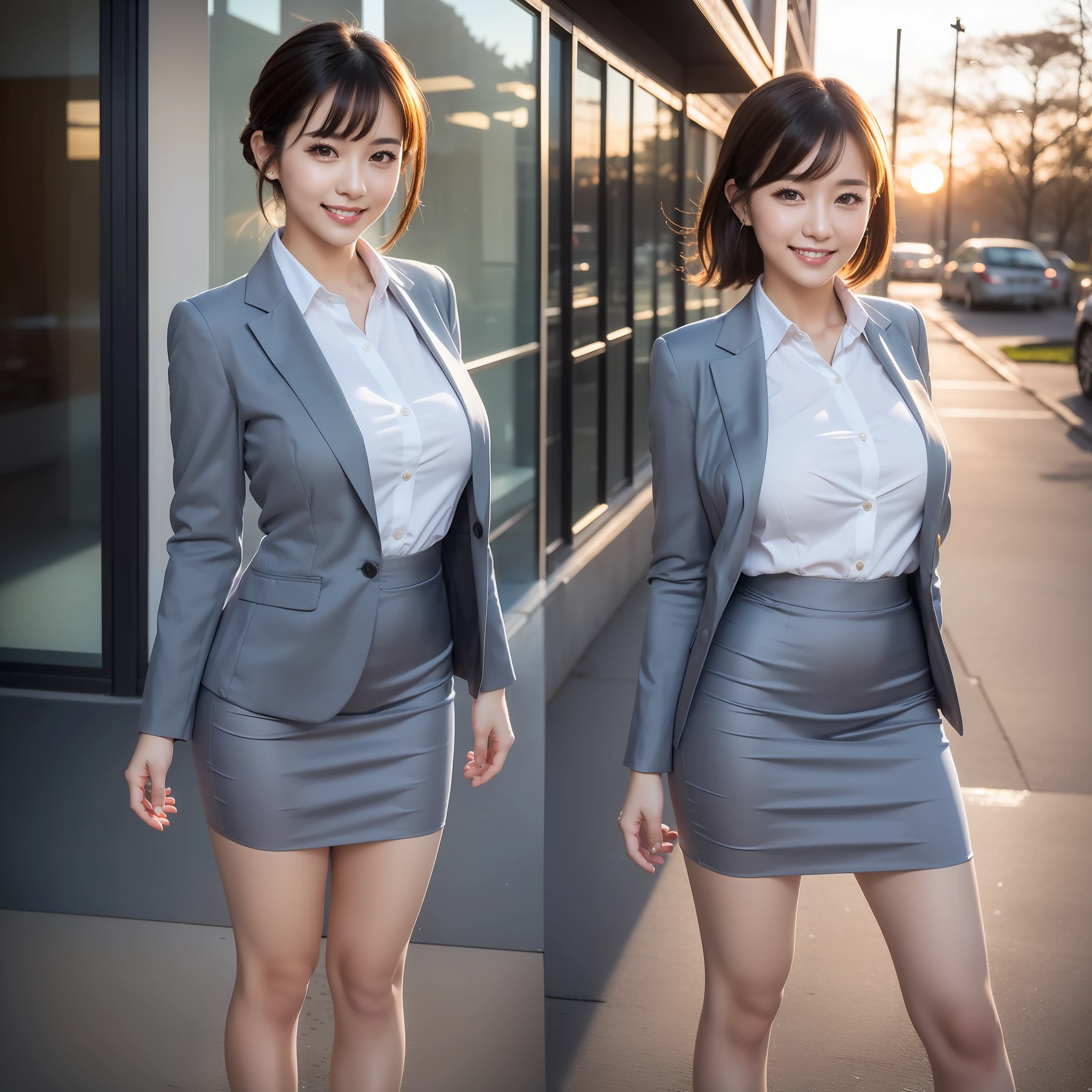 (realistic, photo-realistic:1.37), (masterpiece), (best quality:1.4), (ultra high res:1.2),(RAW photo:1.2), (sharp focus:1.3), (face focus:1.2), elegant, (full body:1.2), (1 girl wearing detailed pencil-skirt and suit-jacket:1.3), (office lady), professionattire, high heels, (33yo:1.1), (happy smile:1.3), (shine hair:1.3), [ponytail], BREAK,
(huge breast), scenery, (Beautiful Sunset background:1.2), from behind, backshot, bangs, beautiful detailed eyes, looking at viewer, (cute), (no makeup),
+LoRA