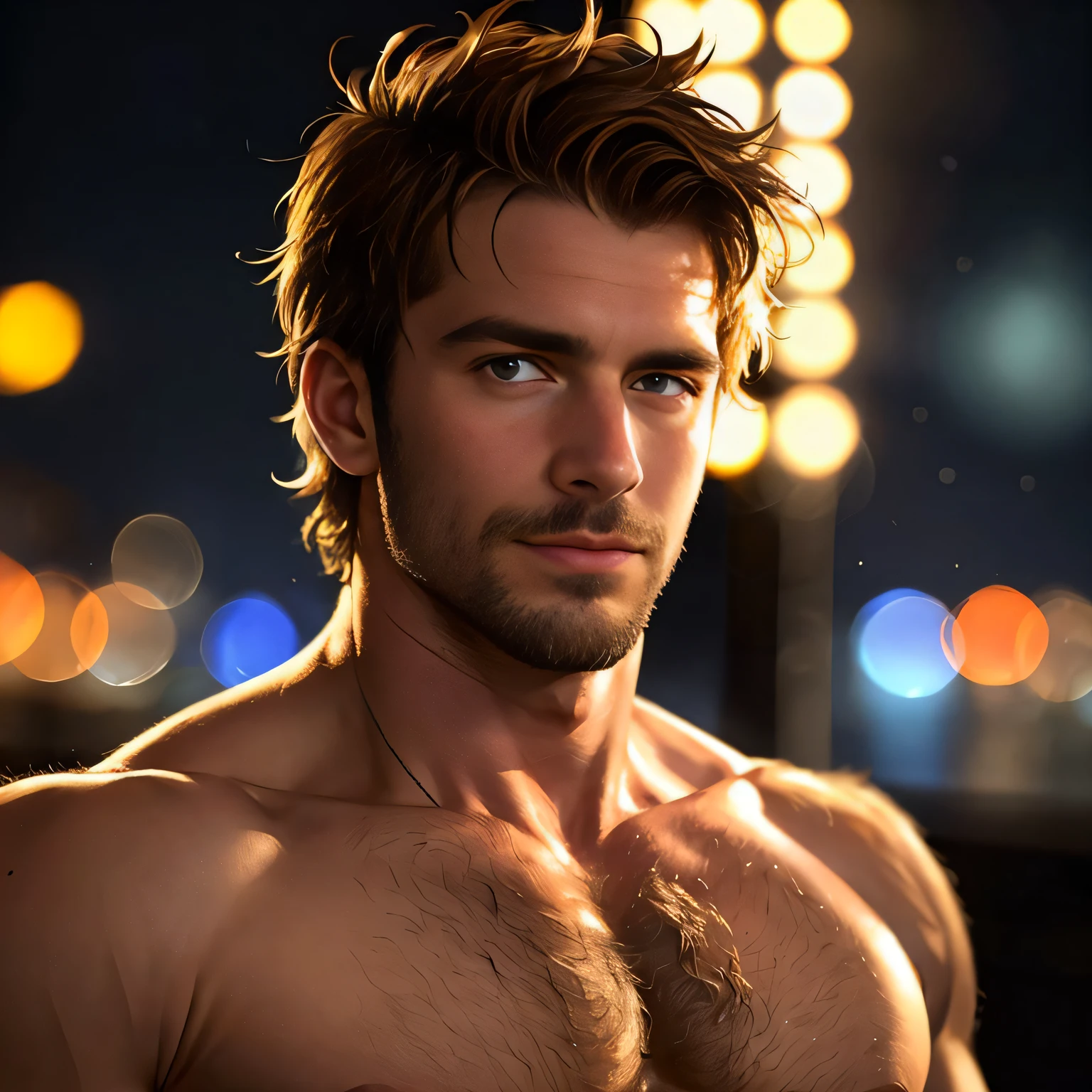 masterpiece, best quality, close-up portait, handsome shirtless scruffy daddy, (bokeh), realistic, dramatic lighting, atmospheric, intricate detail