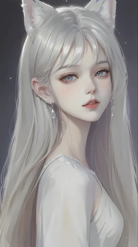 anime girl with long white hair and cat ears, artwork in the style of guweiz, guweiz, loish and wlop, kawaii realistic portrait, girl with white hair, soft anime illustration, detailed portrait of anime girl, inspired by Yanjun Cheng, guweiz on pixiv artst...