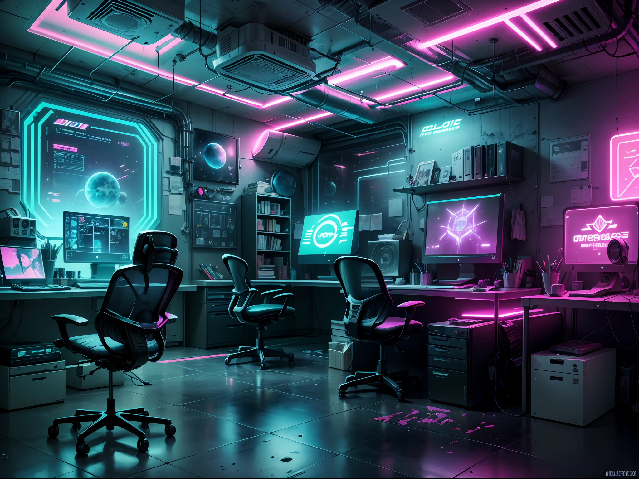 Interior design for an office of futuristic Gamer environment, (holographic screens) and (floating chairs). The space is futuristic and cluttered with technical equipment and tools scattered around. Colorful neon lights add to the cyberpunk vibe.