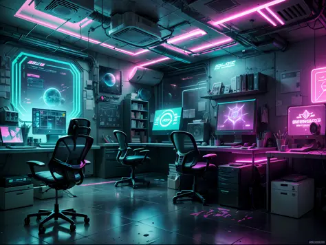 interior design for an office of futuristic gamer environment, (holographic screens) and (floating chairs). the space is futuris...