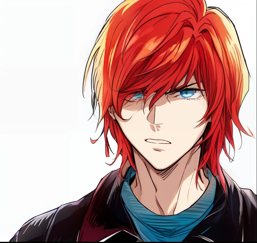 ein Anime von einem Mann mit langen roten Haaren, Fokus, schwarze Jacke, blank stare, keine Hoffnung, traurig, Farbmanga, Manga-Farbe, Farbmanga, Farbmanga panel, Einfacher Hintergrund, ein weißer Hintergrund