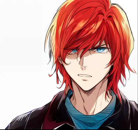a anime of a man with a long red hair, focus, black jacket, blank stare, no hope, sad, color manga, manga color, color manga, co...