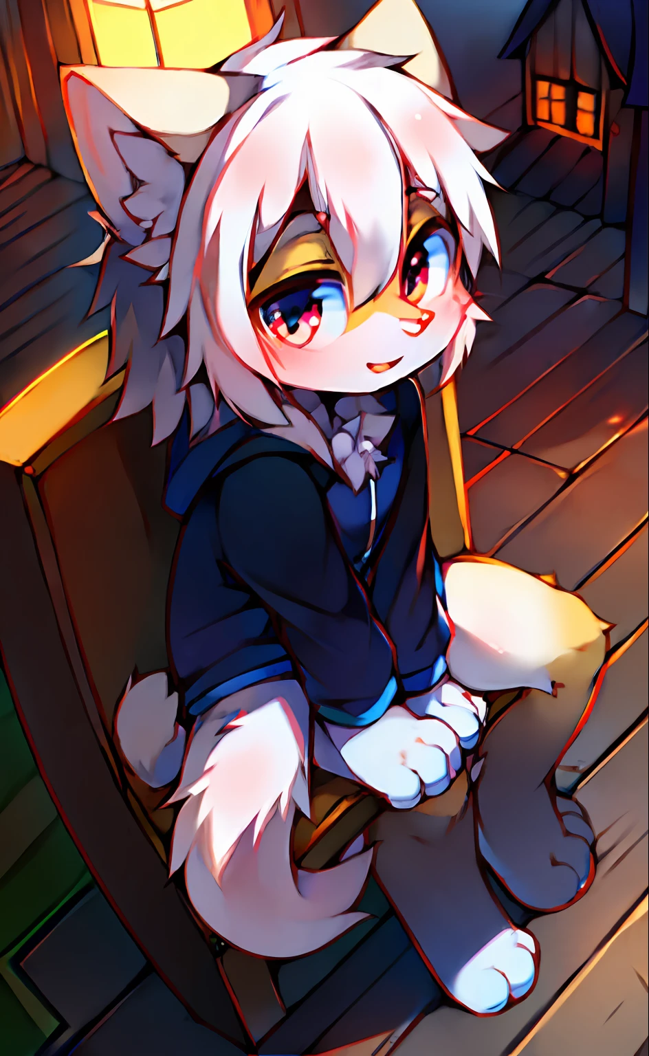 Cat, white hair, cute, big eyes, shota, sitting, candy house