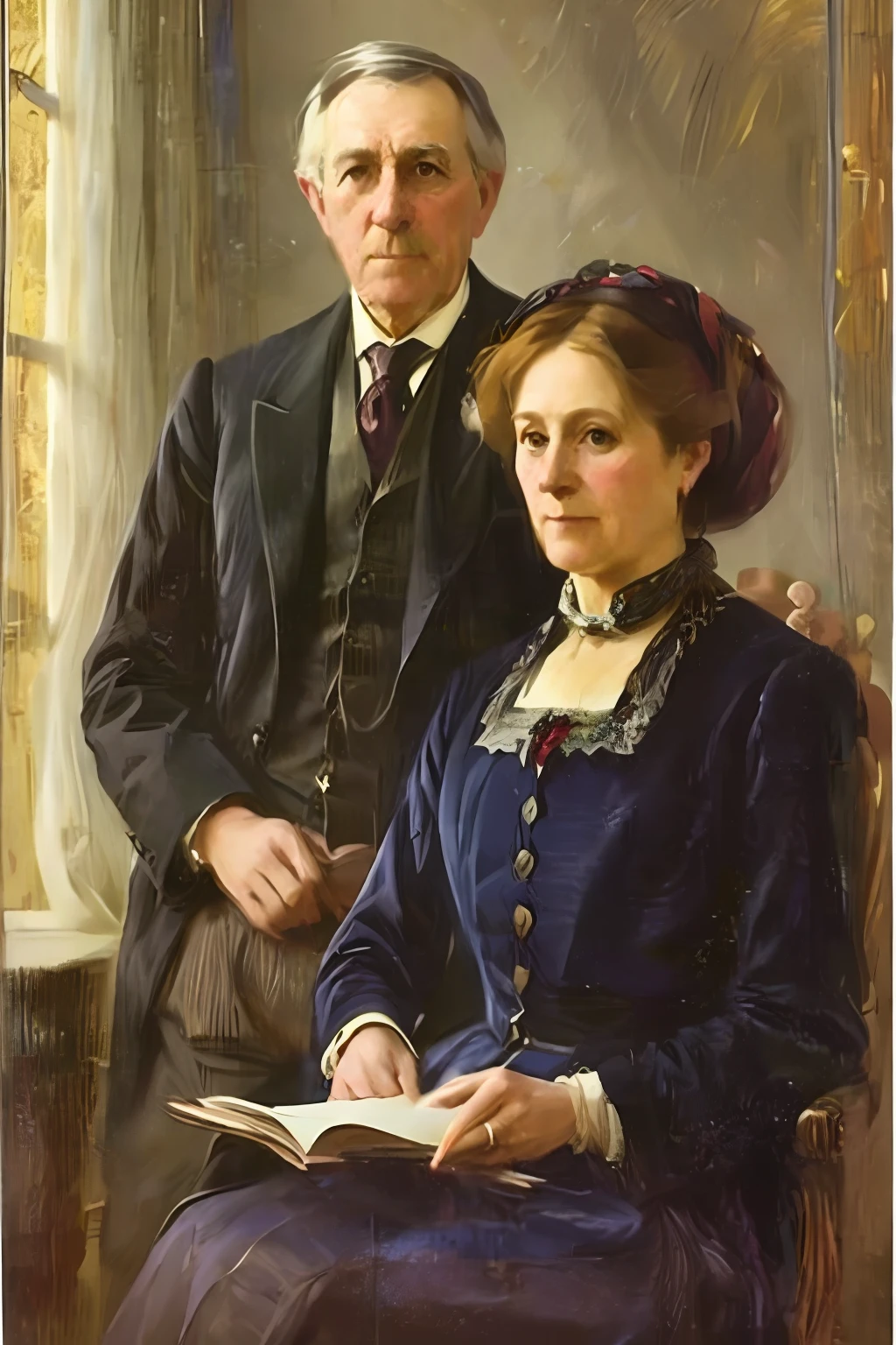 Arthur William Davis, portrait of "Mr. and Mrs. Fraser". This painting depicts a middle-aged couple, Mr. and Mrs. Fraser, sitting next to each other. They are presented in formal attire and pose with a serious expression. Davis is forever working with light and shadows to create realistic three-dimensional shapes of the face and body. He masterfully conveys every detail in the clothes and accessories of the characters, reflecting their status and social status.
The portrait of "Mr. and Mrs. Fraser" differs from many other portraits of that time in its natural and calm aesthetics. Davis was able to convey a sense of intimacy and closeness between husband and wife, which made the work especially heartfelt.
The painting "Mr. and Mrs. Fraser" continues to be a valued and unique work of Arthur William Davis, allowing viewers to feel the atmosphere and relations of English society of the XIX century.