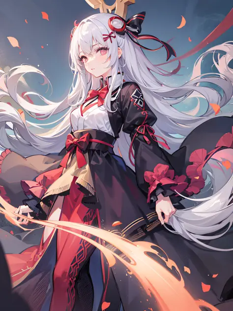 Girl standing in the sky, flowing silver hair (long), perfect girl with white hair, smooth anime CG art, top quality, super high resolution, red torii, red beautiful eyes, holding a bow