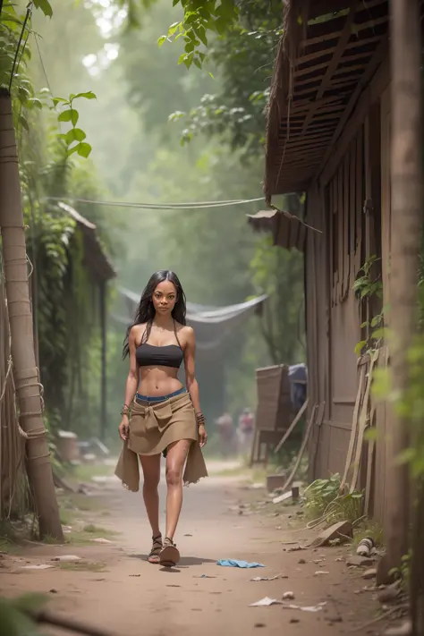 (((Zoe Saldana))), (stands alone far away in the jungle), (small head), (((her clothes are only made of jute fabric)), ((dirty t...