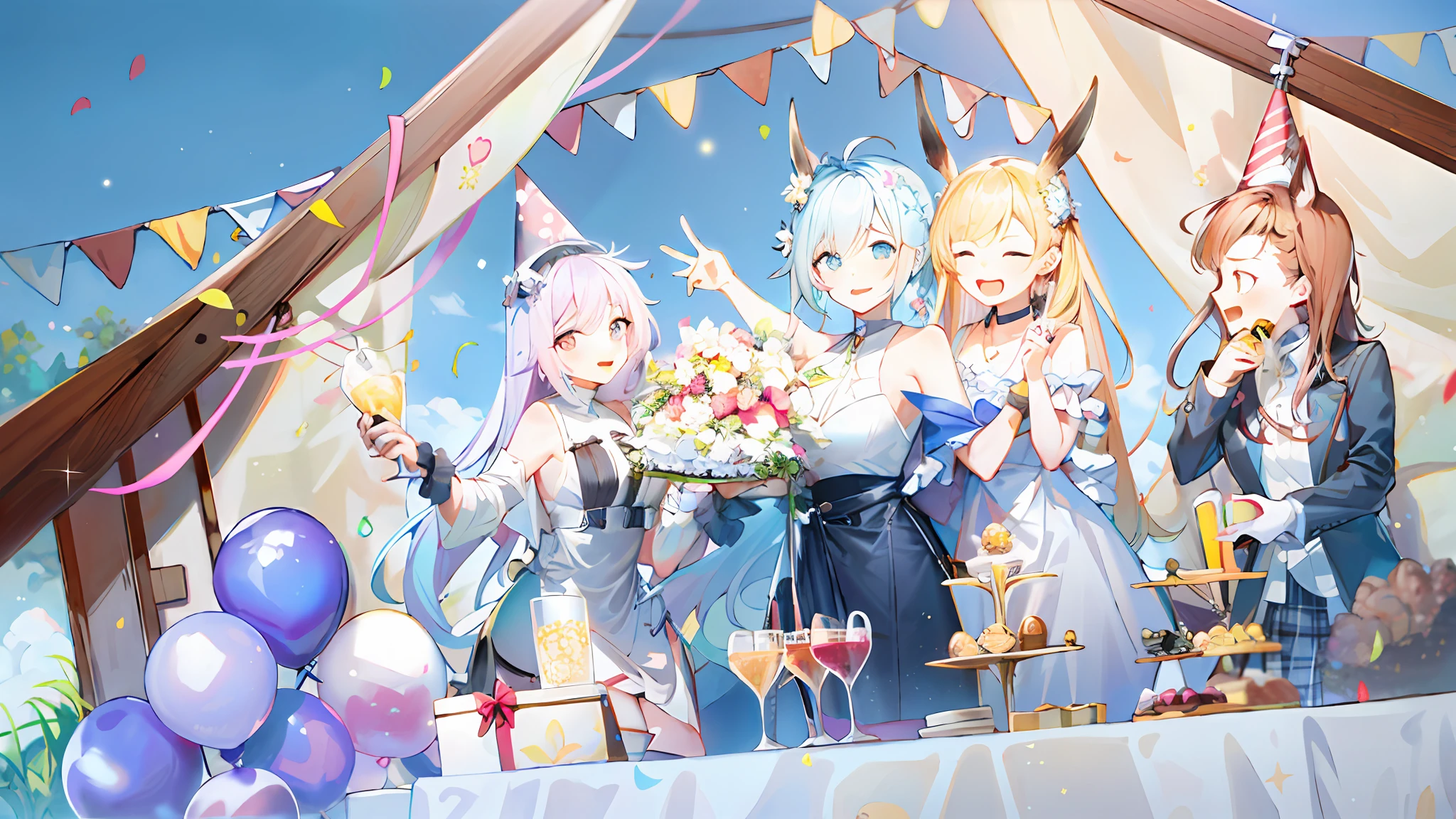 anime characters are standing in front of a tent with balloons, anime party of friend of wisdom, from arknights, azur lane style, birthday party, guweiz on pixiv artstation, characters from azur lane, guweiz on artstation pixiv, from the azur lane videogame, official artwork, high detailed official artwork