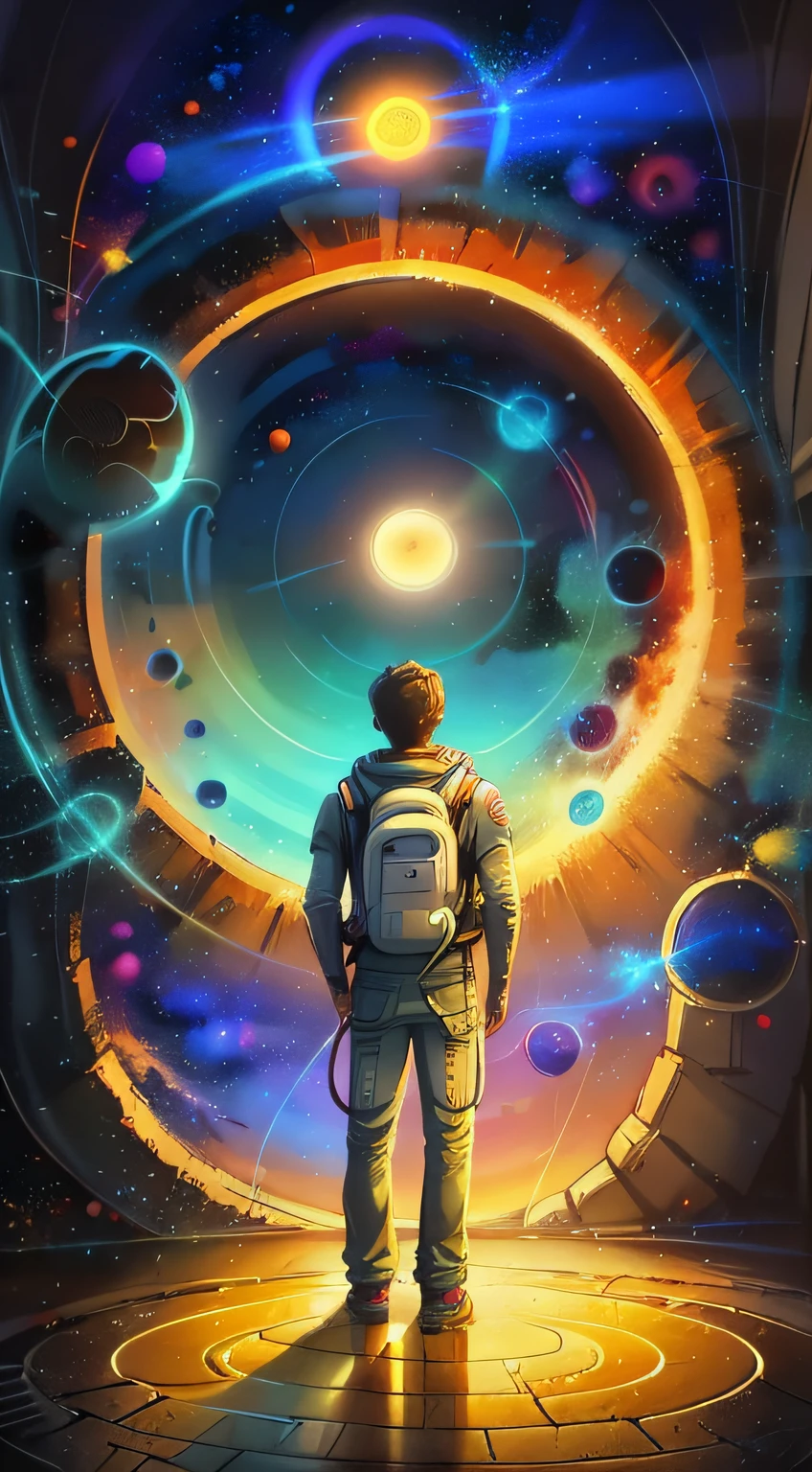 a man standing in front of a space portal with a view of the sun, cyril rolando and goro fujita, portal to another universe, inspired by Cyril Rolando, portal to another dimension, world seen only through a portal, high quality fantasy stock photo, portal to another world, portal to outer space, in style of cyril rolando, looking out into space