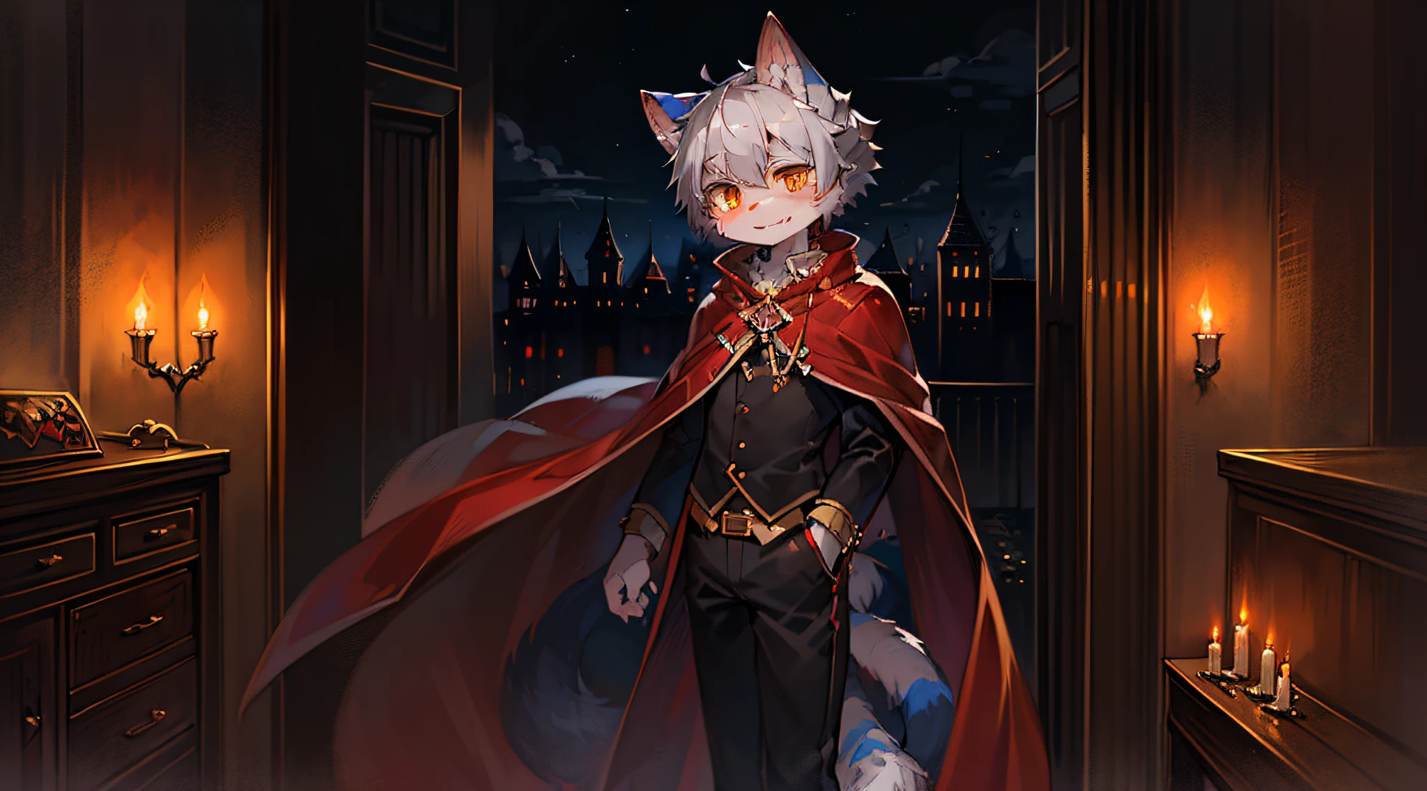 (Dark Environment: 0.8), Masterpiece, High Quality, Abstract Res, Digital Painting\(artwork\), by Dagasi, Yupa, Kiyosan, (Anthro, Fluffy Fur, Character Focus: 1.1), Anthro Male Cat, Short Hair, Portrait , bright eyes, panorama, character focus. (Detailed background: 0.7), Solo, Furry, Furry male, Male focus, Anthr, (full body fur, fluffy tail, orange blue fur, amber eyes, gray hair: 1.2), (canids, vampires, cape: 1.2), (interior, night, castle, coffin: 1.1)