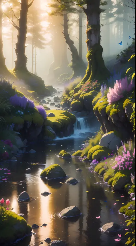 A breathtaking sea scene with towering rocks stretching towards the sky, sunlight seeping through the sky, casting a golden glow on the sandy shore. Small streams flow through the moss-covered rocks, creating a serene atmosphere. Delicate branches, decorat...