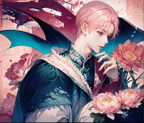 absurdres, highres, ultra detailed), (1 male:1), adult, tall, skinny, cute guy, pink hair, chinese, vampire, raining, morning sky, (high angle), hearts //symbols// in the background