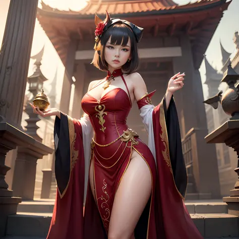 Vajra Lux is luxuriously dressed, holding a pagoda and showing a fierce face,