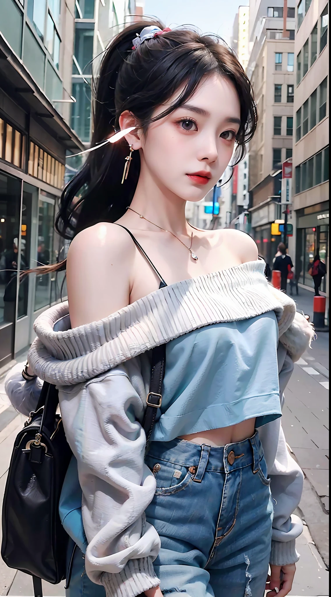 A stylish Chinese beauty, she walks the streets of city high-rise buildings in trendy loose jeans with a stylish printed T-shirt and canvas shoes, (with a trendy bag on one shoulder), (wearing headphones), eyes staring at the camera, kanzashi, long eyelashes, amber eyes, crystal earrings, parted lips, double ponytail hair, hairpins, hair strands, hyper-realistic, close up, f/4.0, 35mm, UHD, retina, masterpiece, high resolution, best quality, 16k